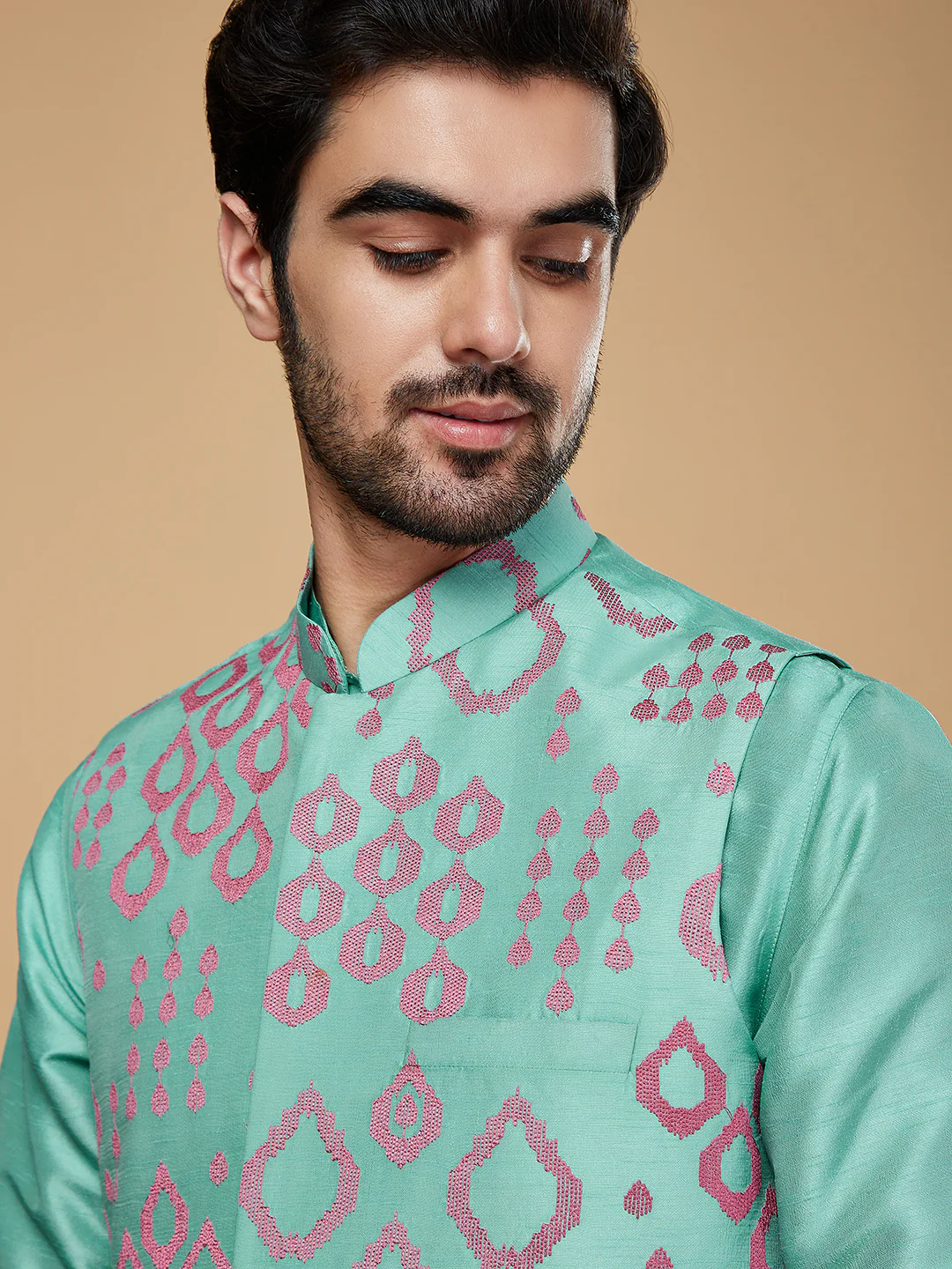 Men Green Kurta Jacket Churidar Set - Image 6