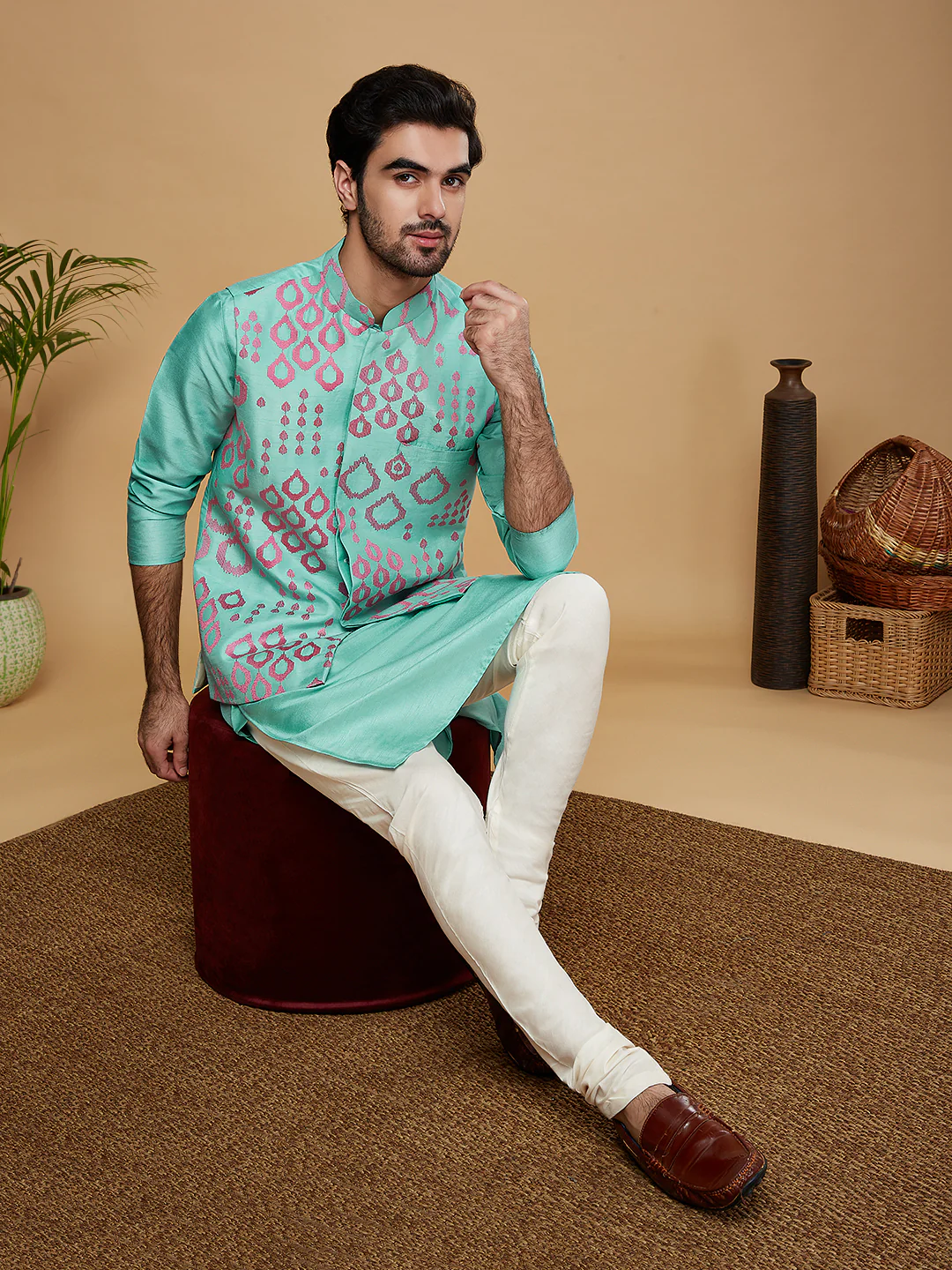 Men Green Kurta Jacket Churidar Set - Image 8