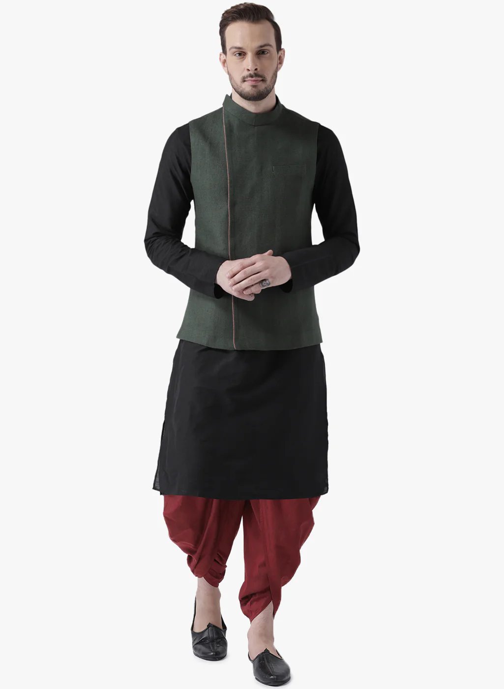 Kisah Men Green Kurta Jacket Dhoti Set