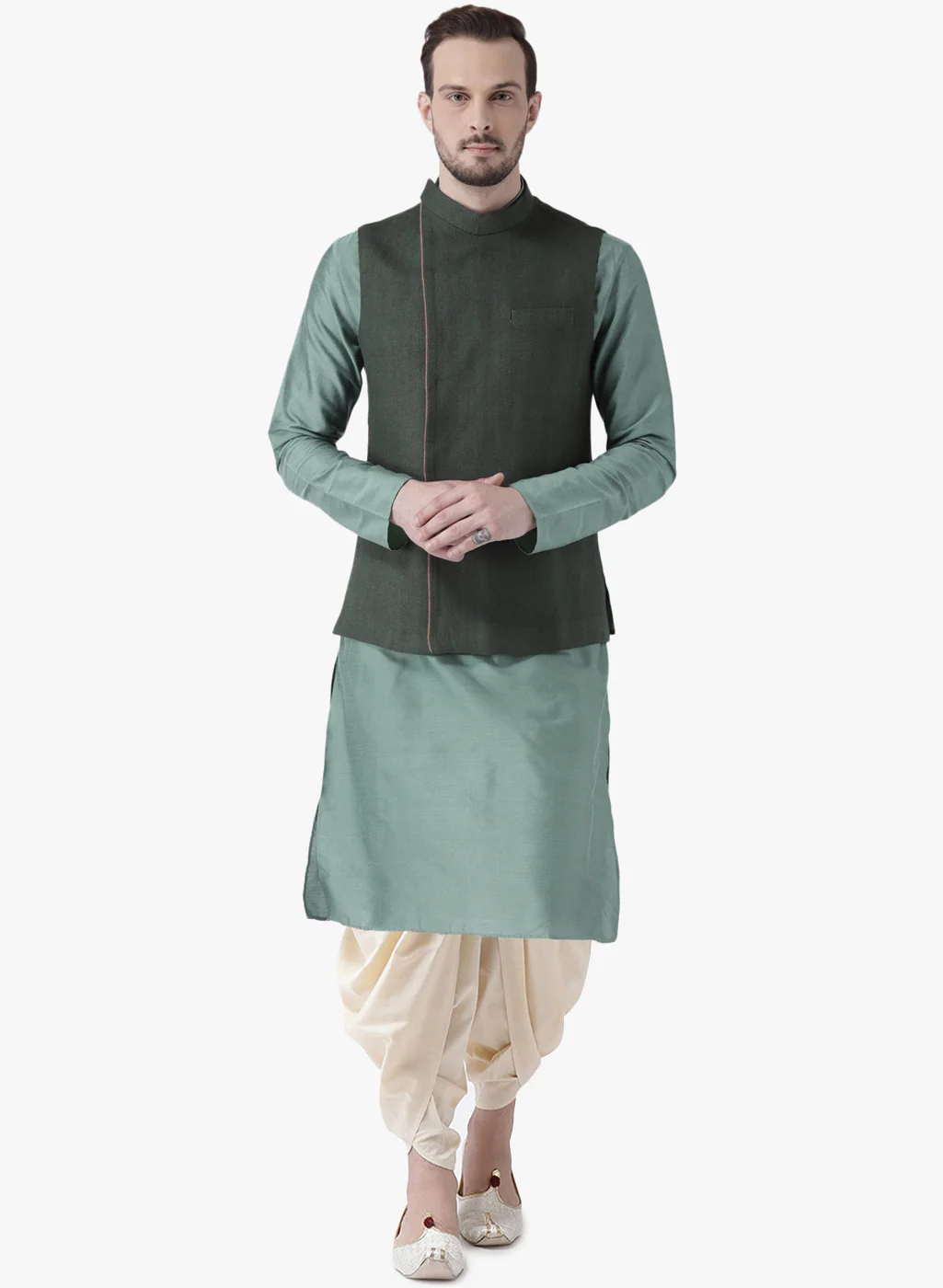 Kisah Men Green Kurta Jacket Dhoti Set