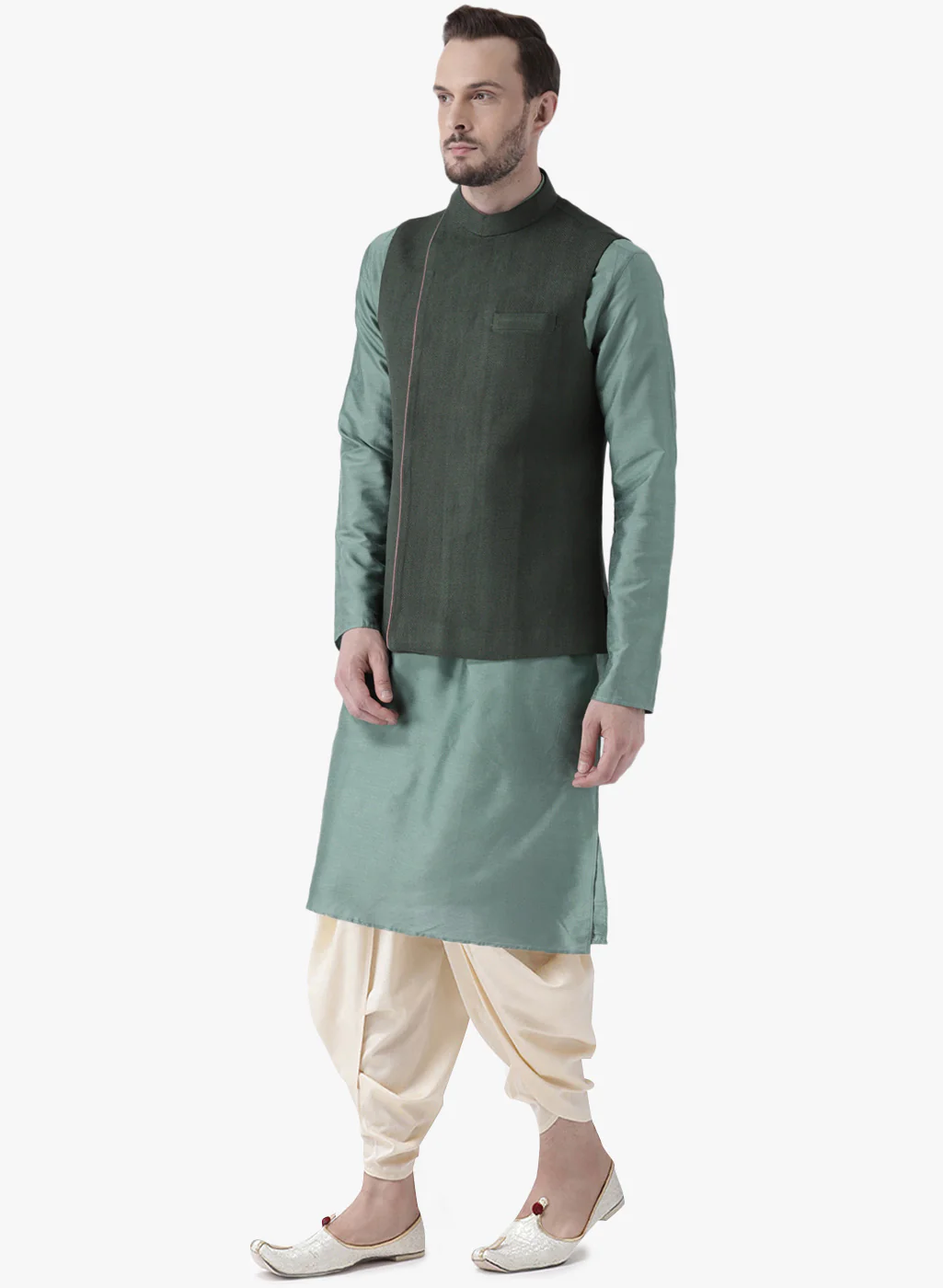Kisah Men Green Kurta Jacket Dhoti Set - Image 2