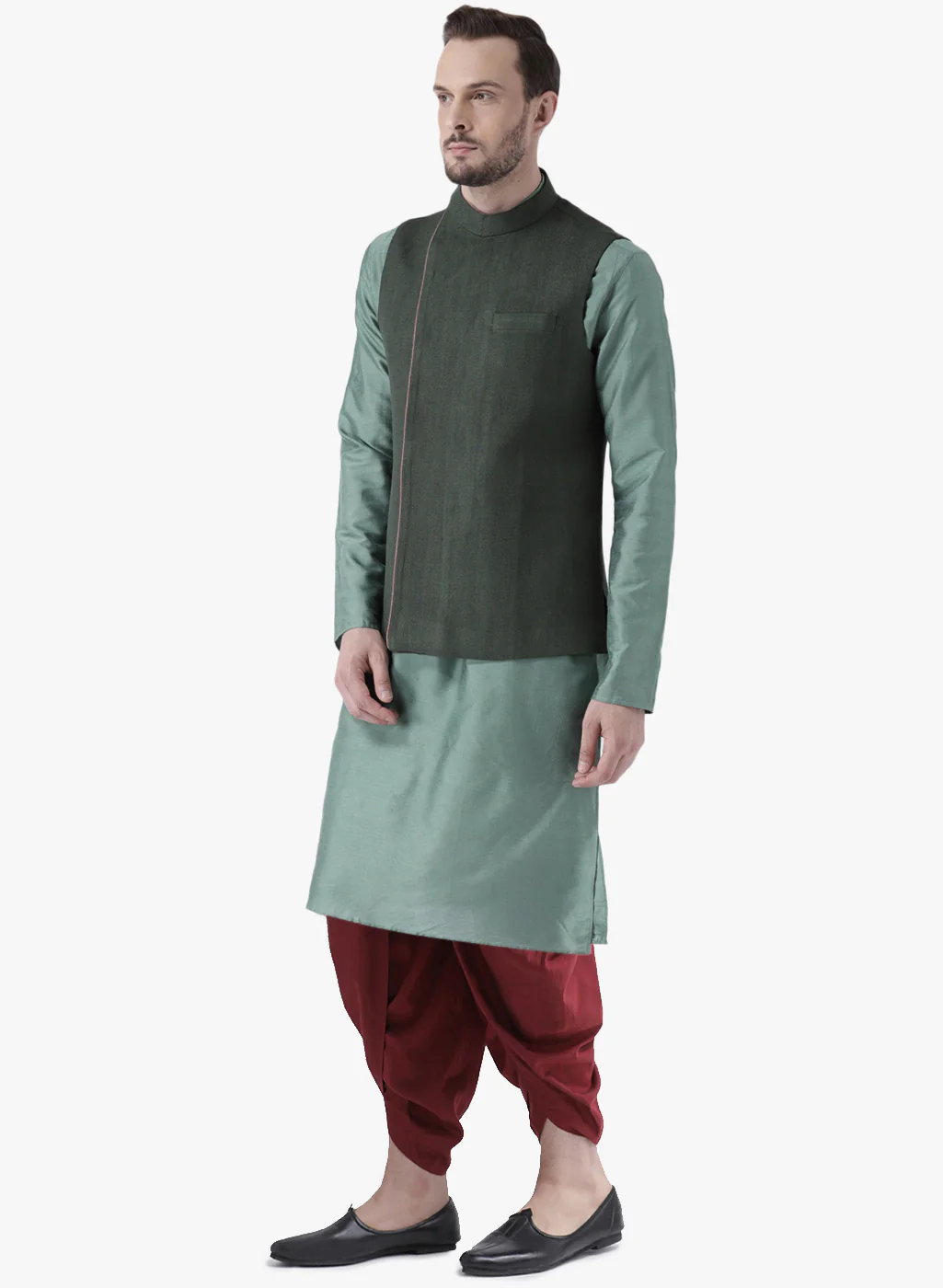 Kisah Men Green Kurta Jacket Dhoti  Set - Image 2
