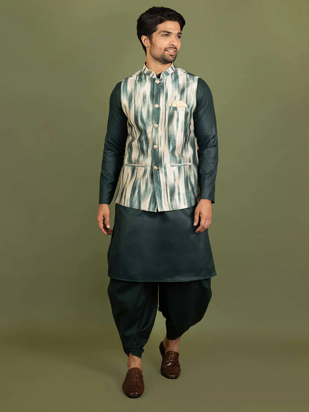 Kisah Men Green Kurta Jacket Dhoti Set