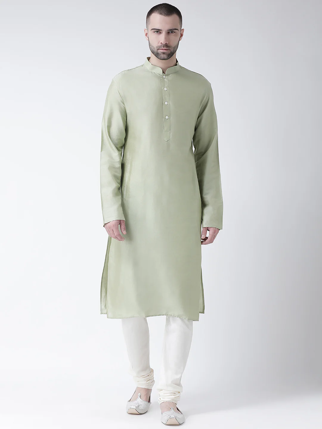 Light Green Silk Blend Solid Long Kurta