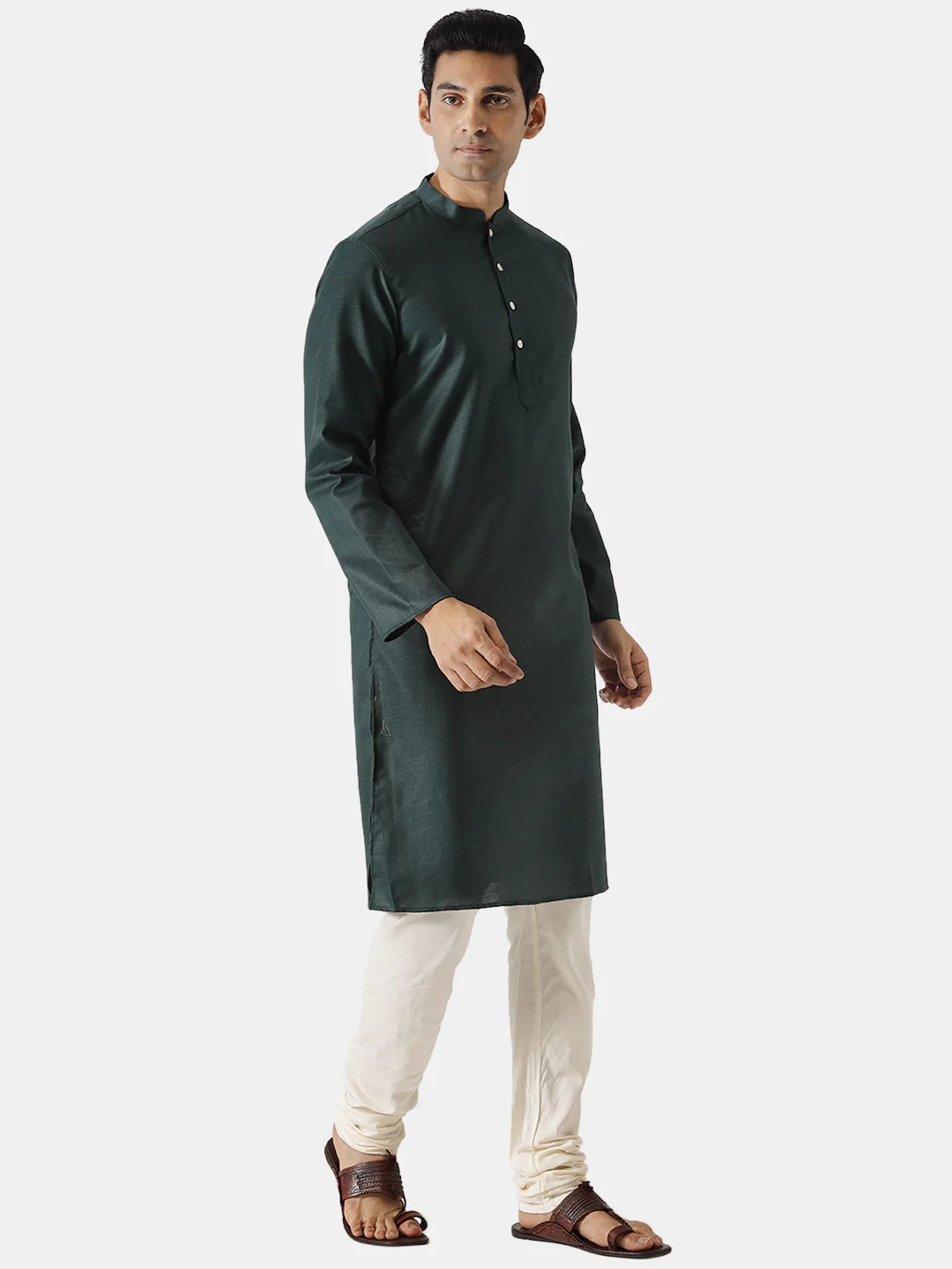 Men Green Solid Dyed Kurta - Image 2