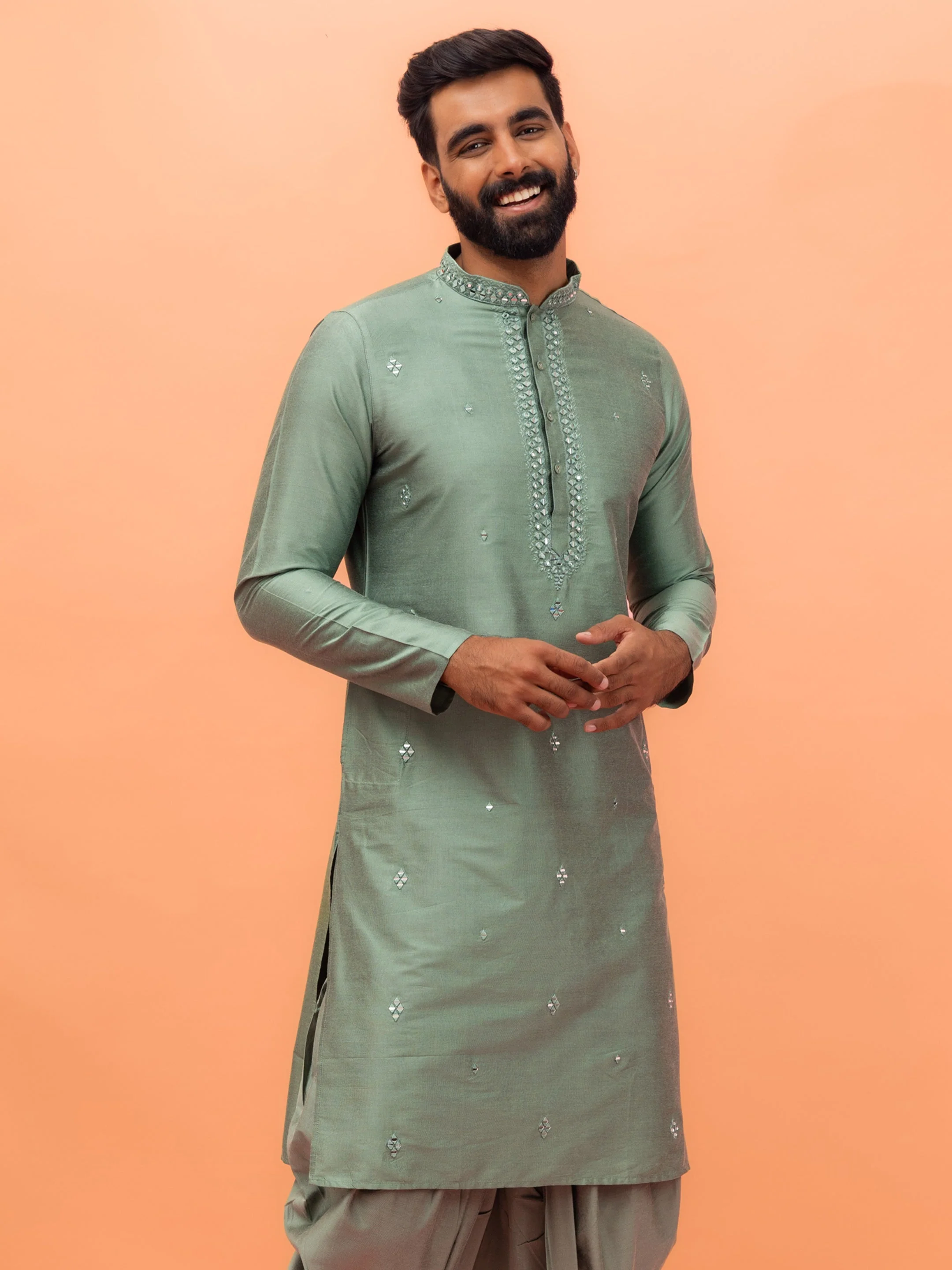 Green Silk Blend Mirror Work Long Kurta - Image 8