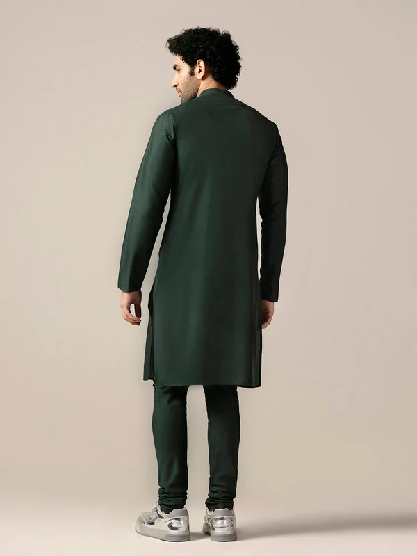 Green Silk Blend Metallic tape Kurta Long - Image 4