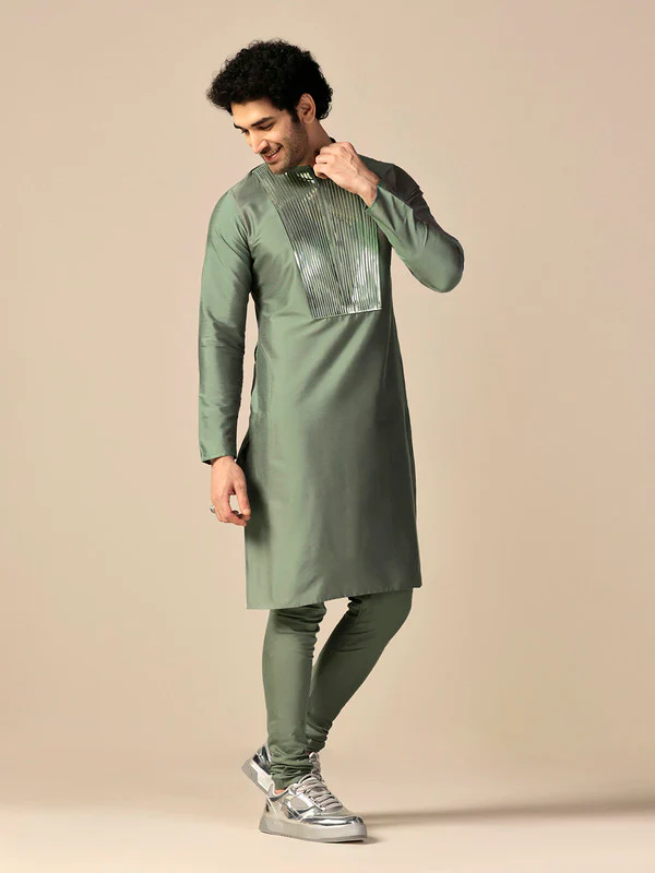 Green Silk Metallic Embellished Long Kurta - Image 3