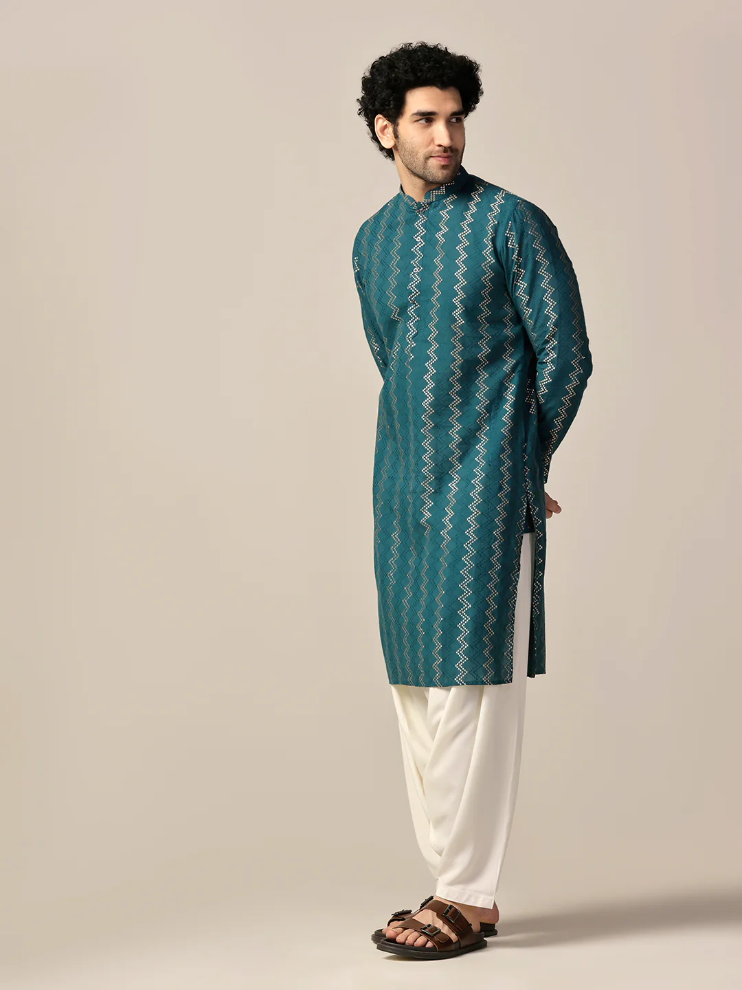 Teal Green Art Silk Geometric Long Kurta - Image 3
