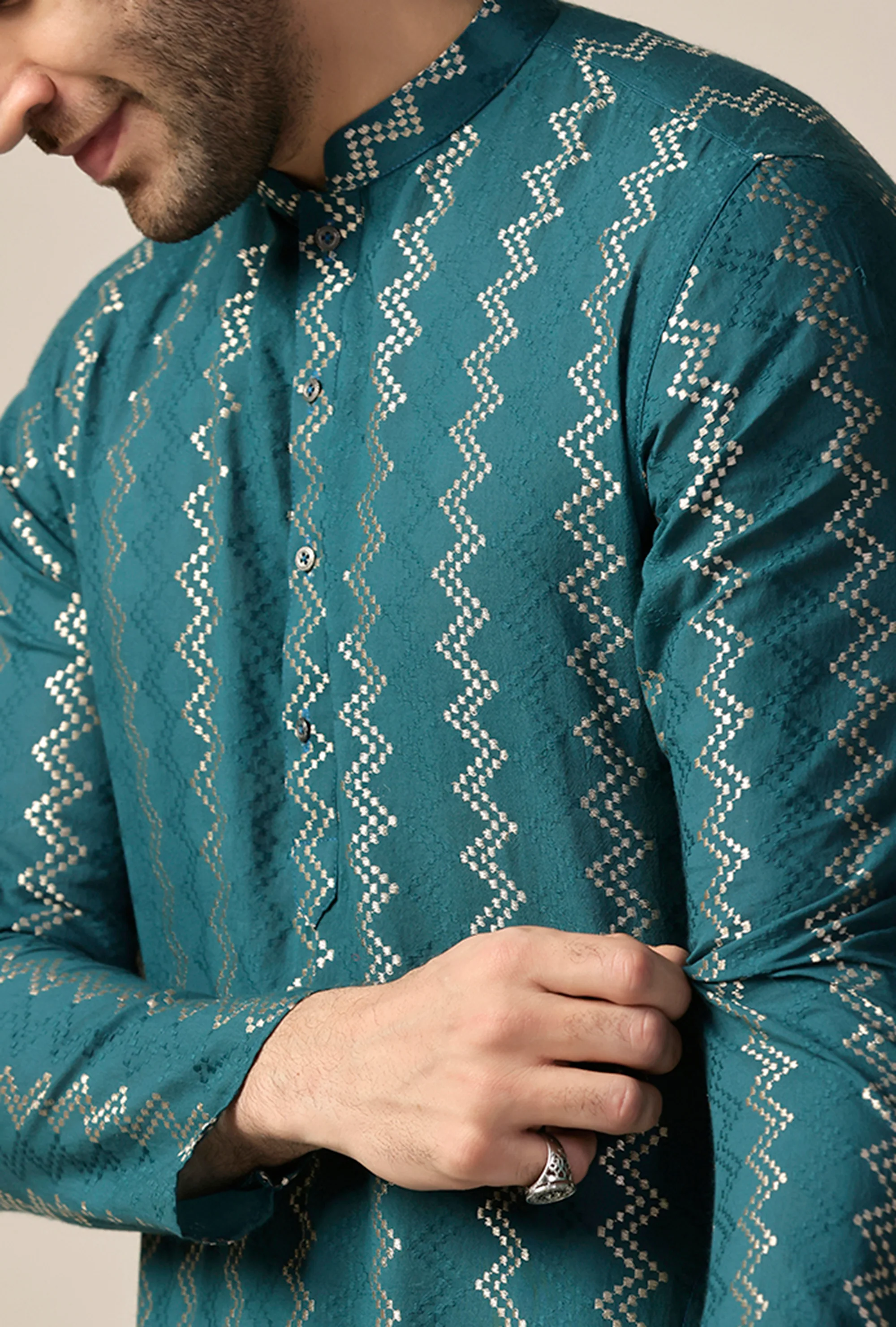 Teal Green Art Silk Geometric Long Kurta - Image 5