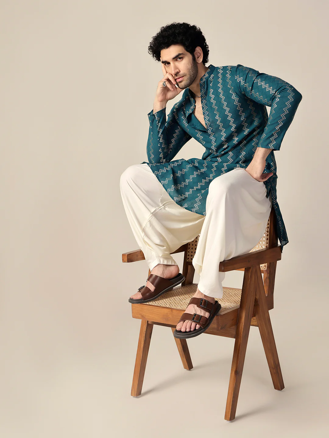 Teal Green Art Silk Geometric Long Kurta - Image 6