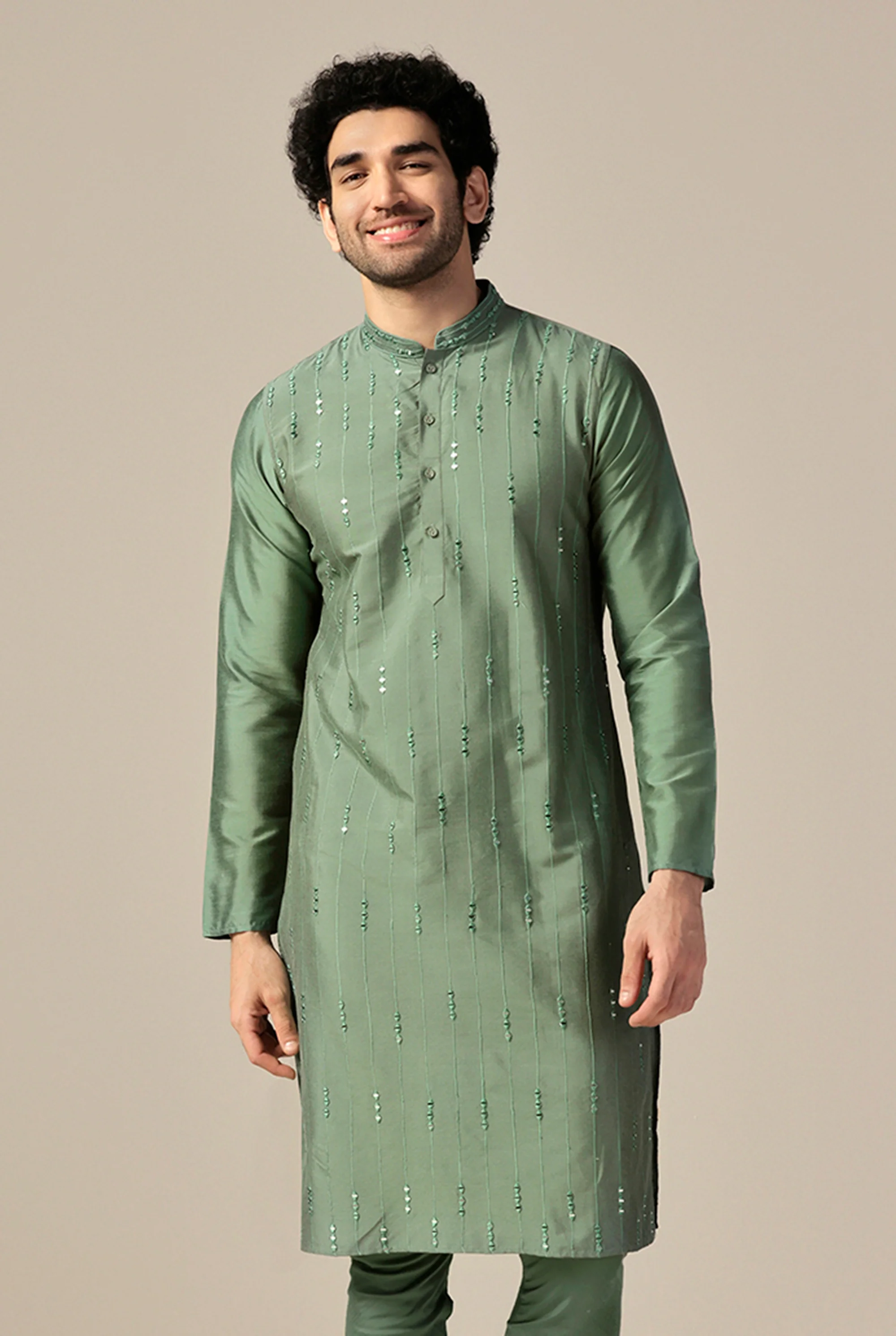Green Silk Blend Mirror Work Long Kurta