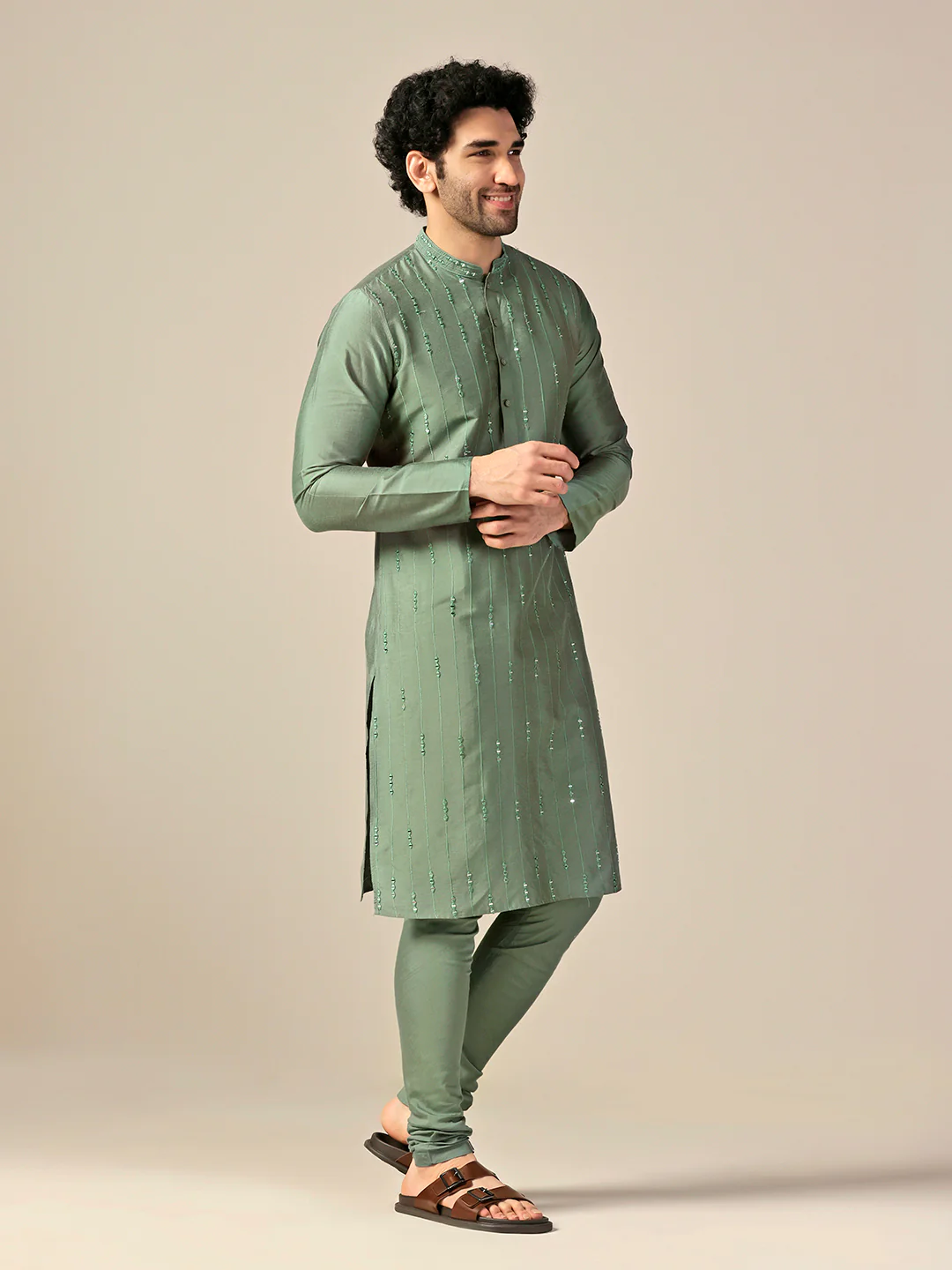 Green Silk Blend Mirror Work Long Kurta - Image 3