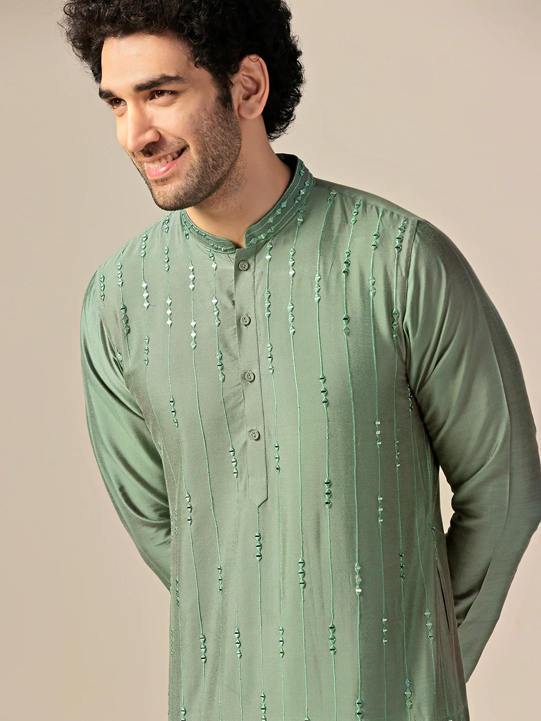 Green Silk Blend Mirror Work Long Kurta - Image 5