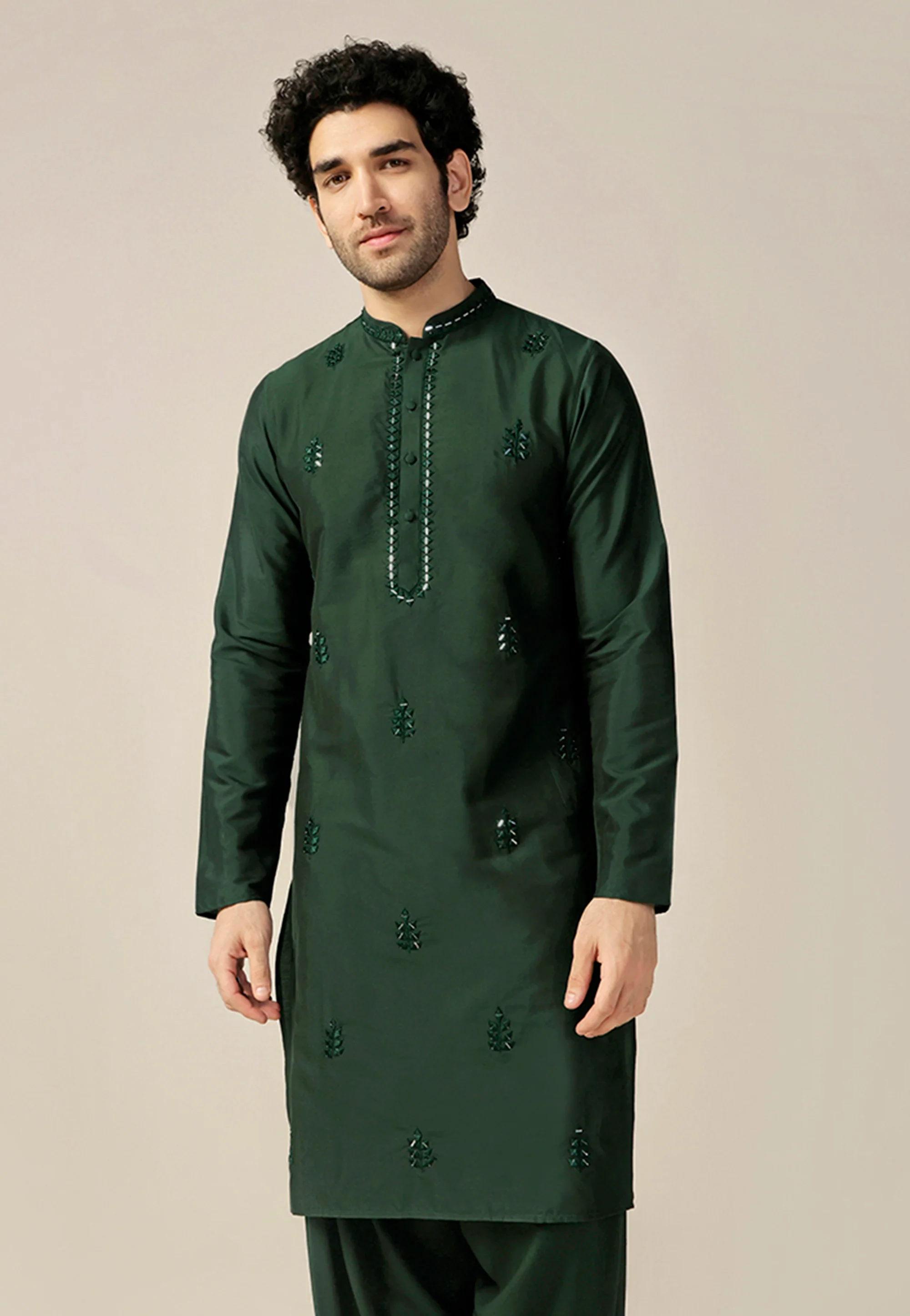 Dark Green Silk Blend Mirror Work Kurta - Image 2