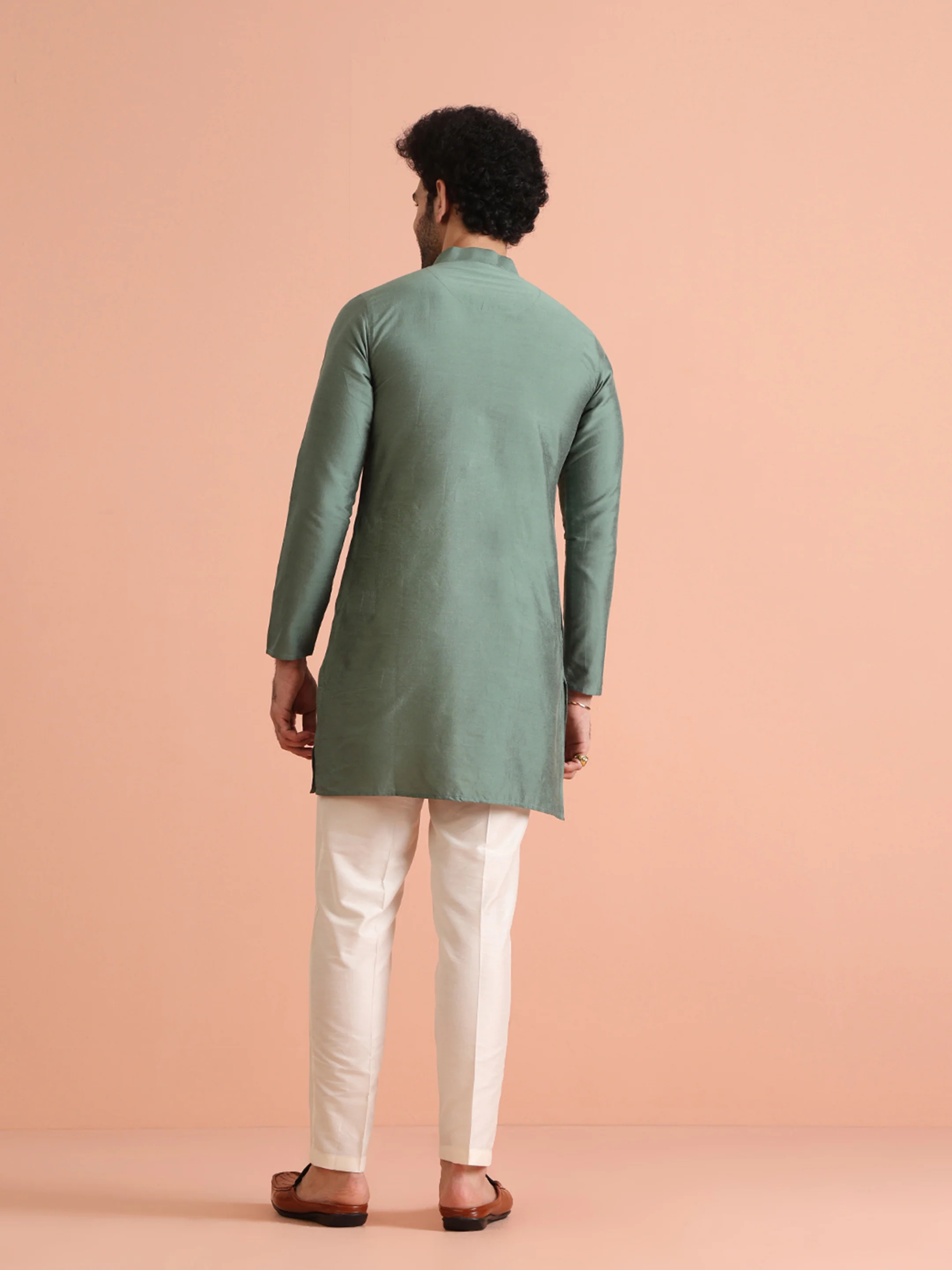 Sage Green Solid Silk Blend Kurta - Image 4