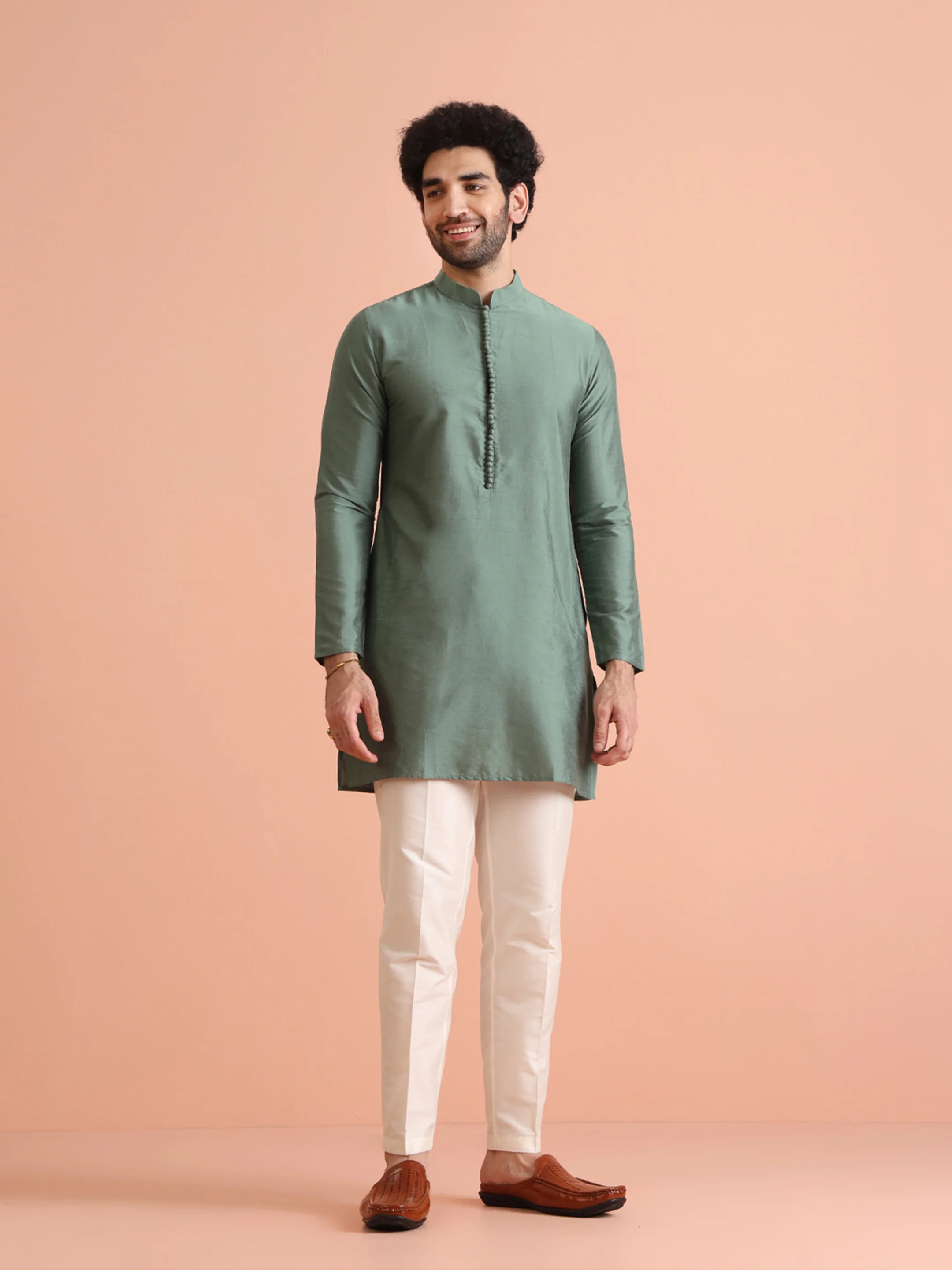 Sage Green Solid Silk Blend Kurta - Image 6