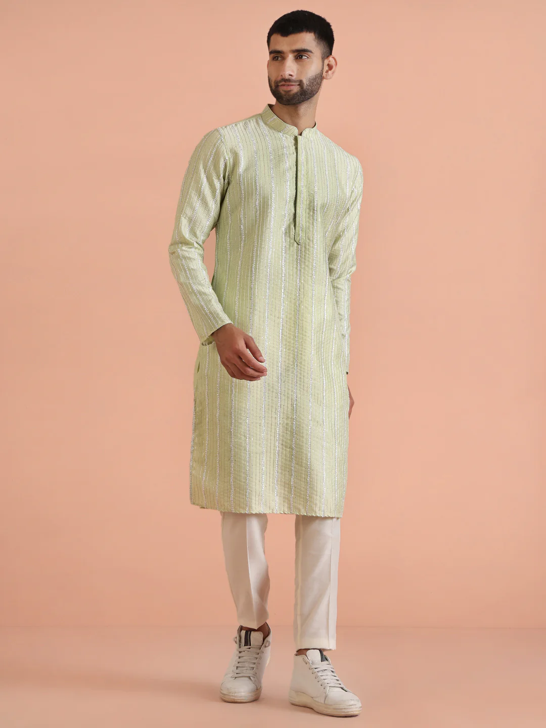 Men Green Embroidered Kurta - Image 2