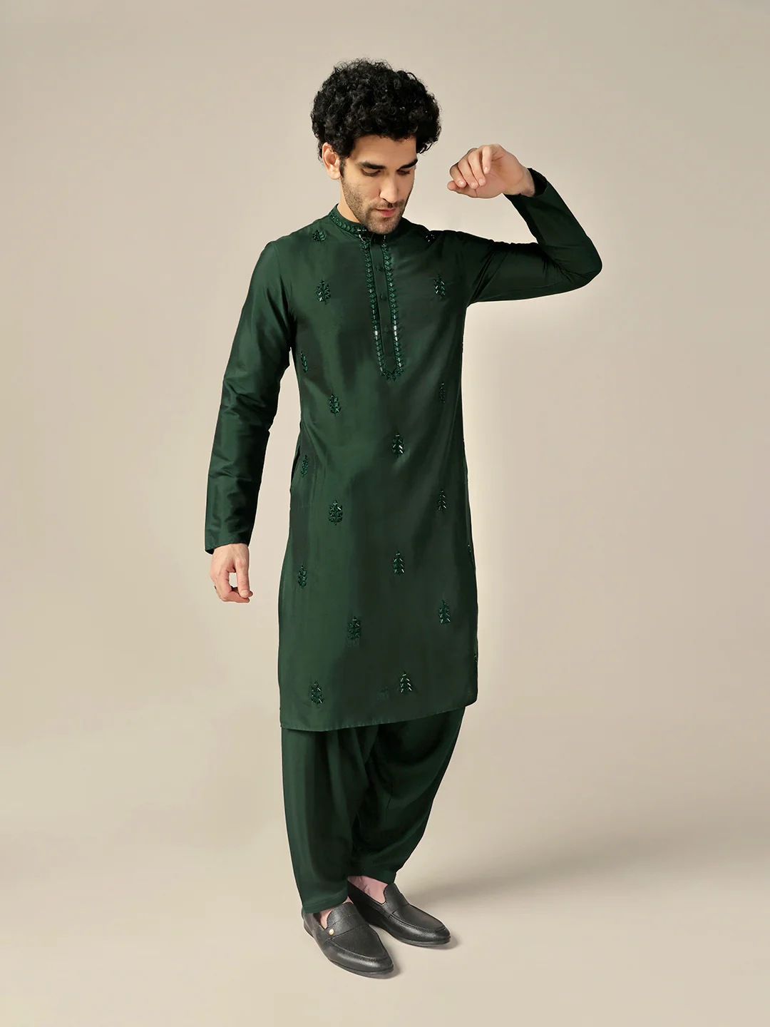 Men Green Mirror Work Embroidered Kurta Patiala Set - Image 3