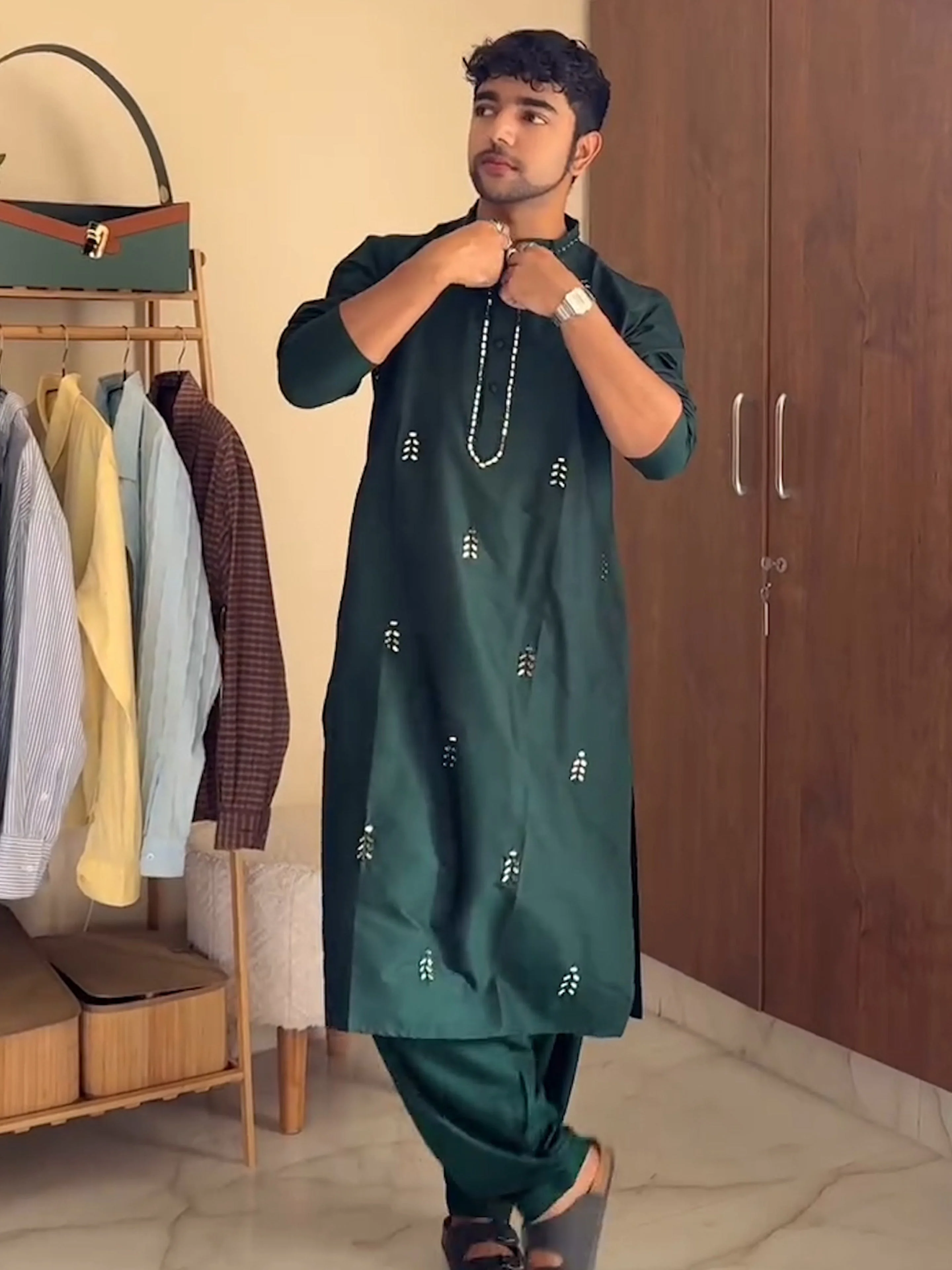 Men Green Mirror Work Embroidered Kurta Patiala Set - Image 9