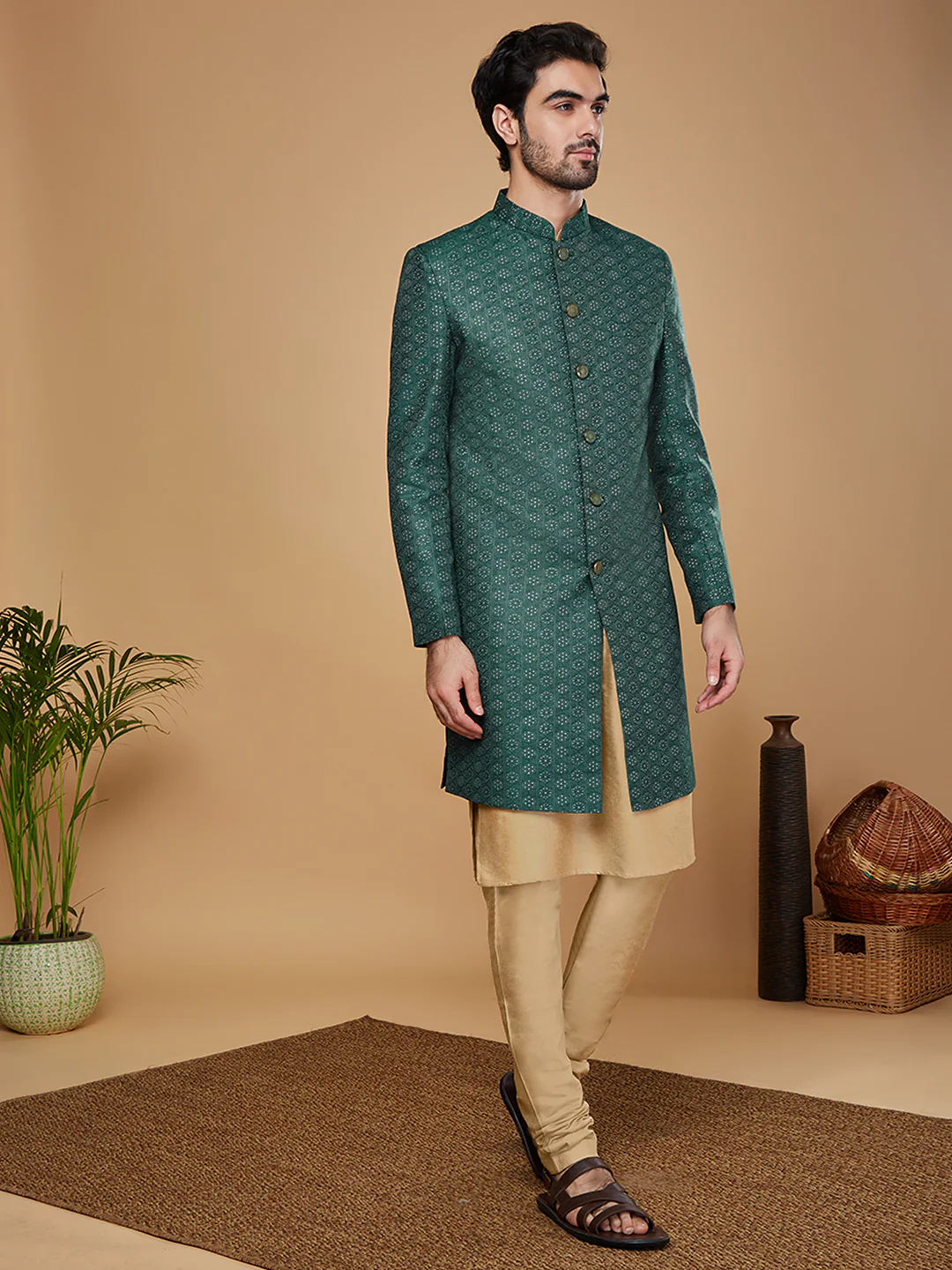 Men Green Kurta Sherwani Churidar Set - Image 2