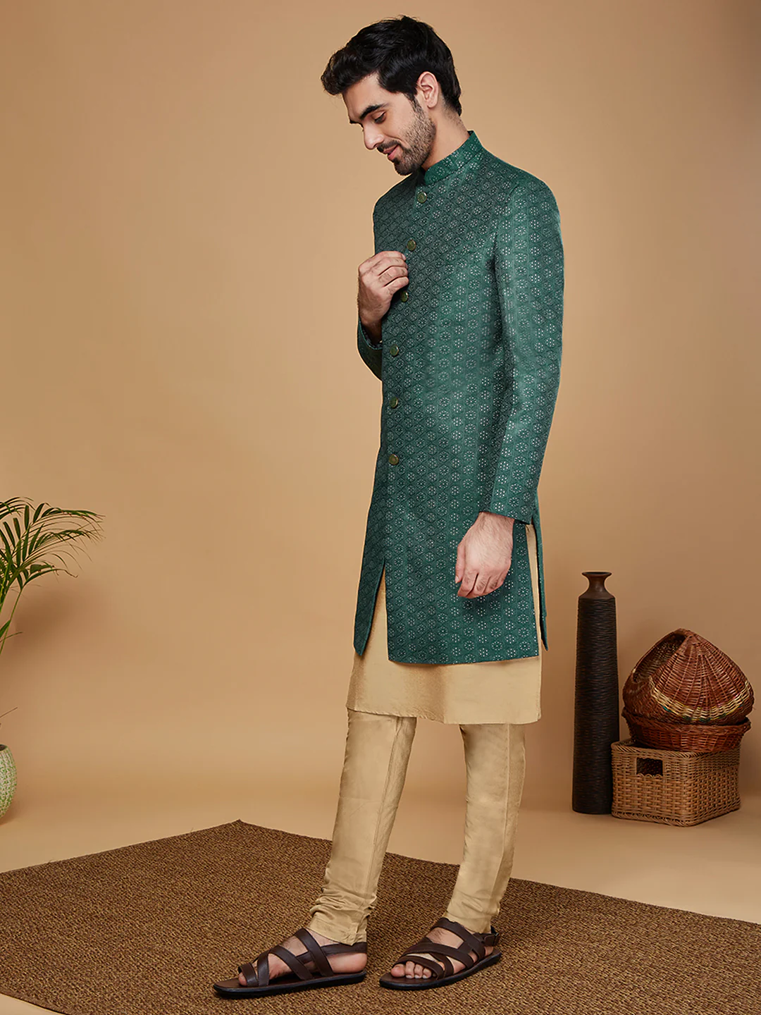 Men Green Kurta Sherwani Churidar Set - Image 3