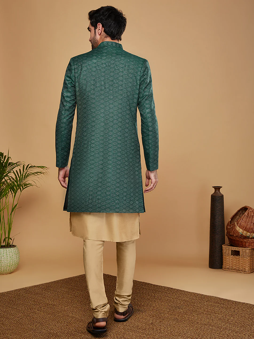 Men Green Kurta Sherwani Churidar Set - Image 4