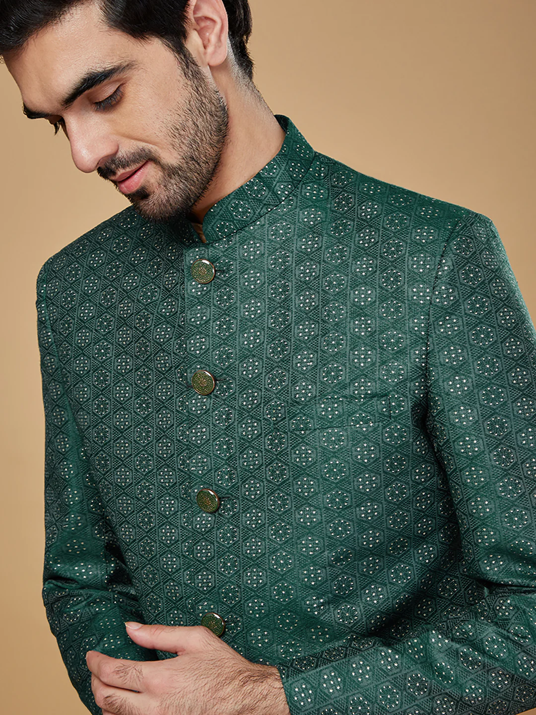 Men Green Kurta Sherwani Churidar Set - Image 6