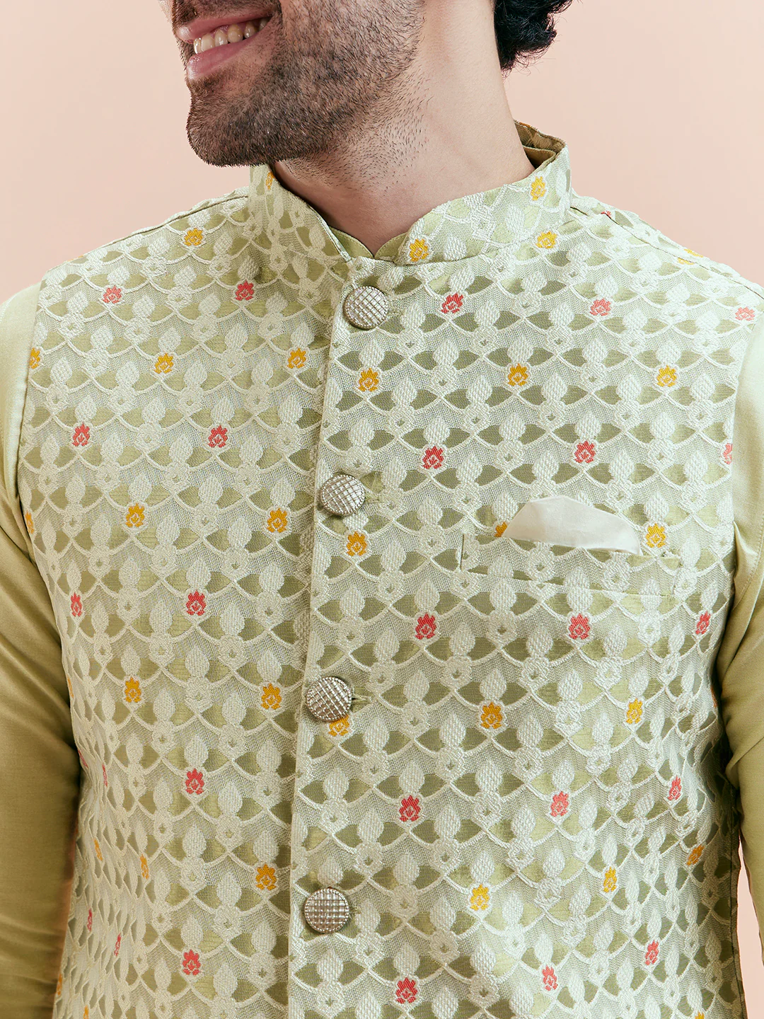 Pastel Green Cotton Silk Textured Nehru Jacket - Image 2