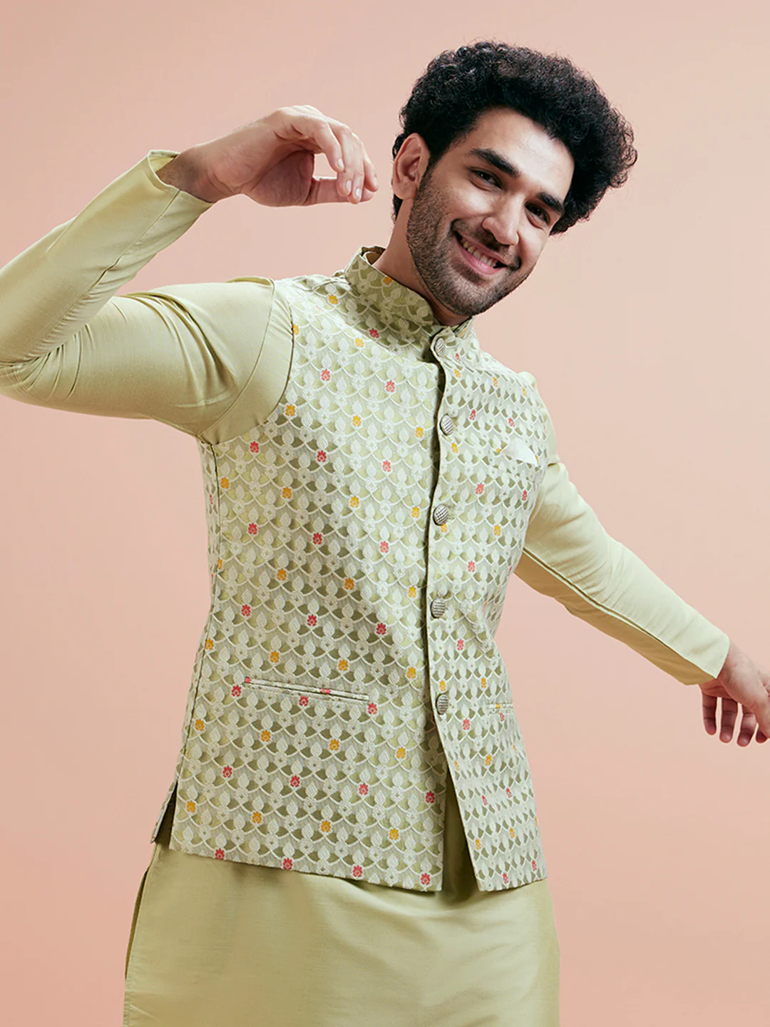 Pastel Green Cotton Silk Textured Nehru Jacket - Image 6