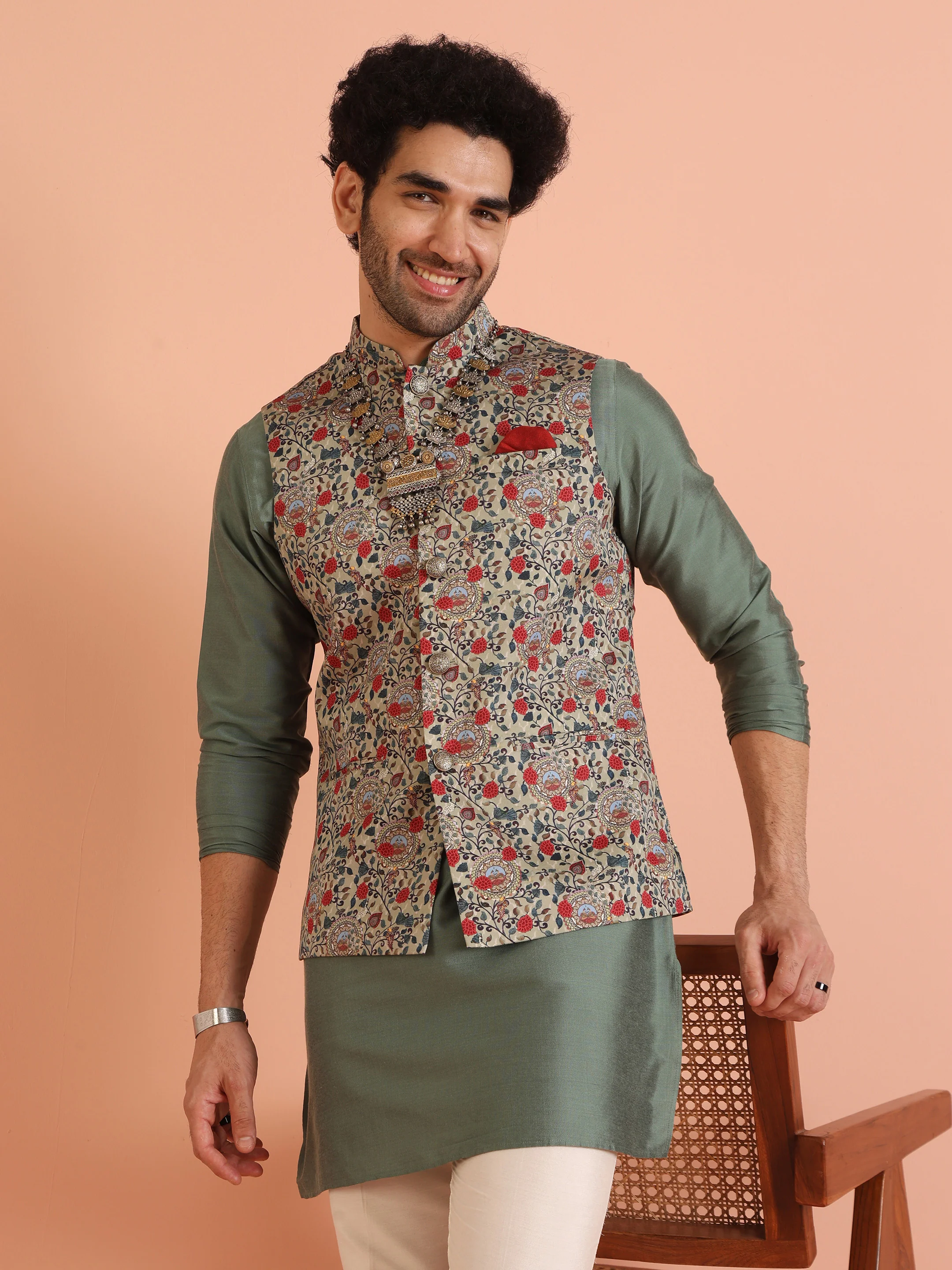 Multicolour Printed Ethnic Motifs Nehru Jacket Set - Image 8