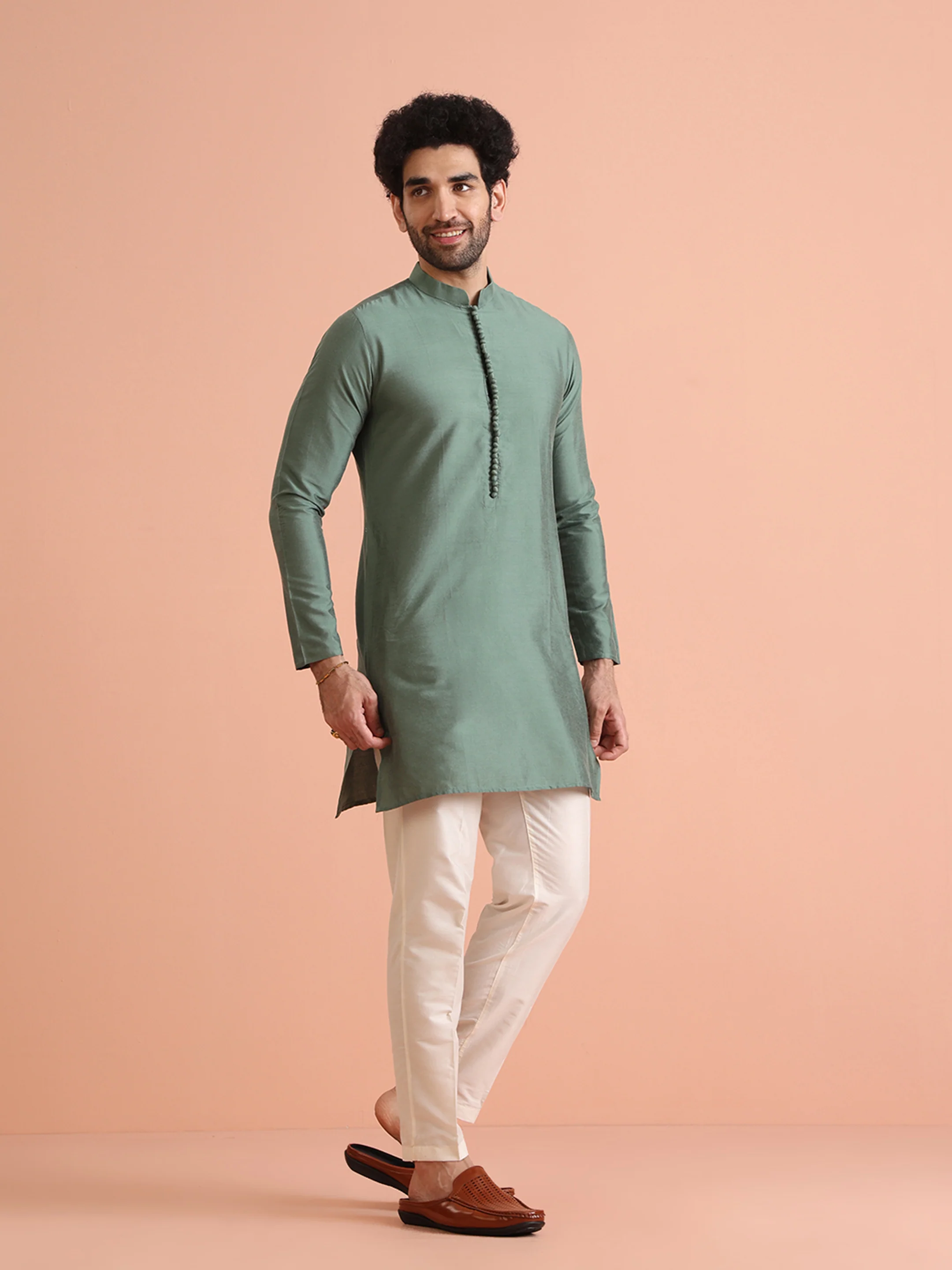 Sage Green Mid Kurta with White Trouser - Image 2