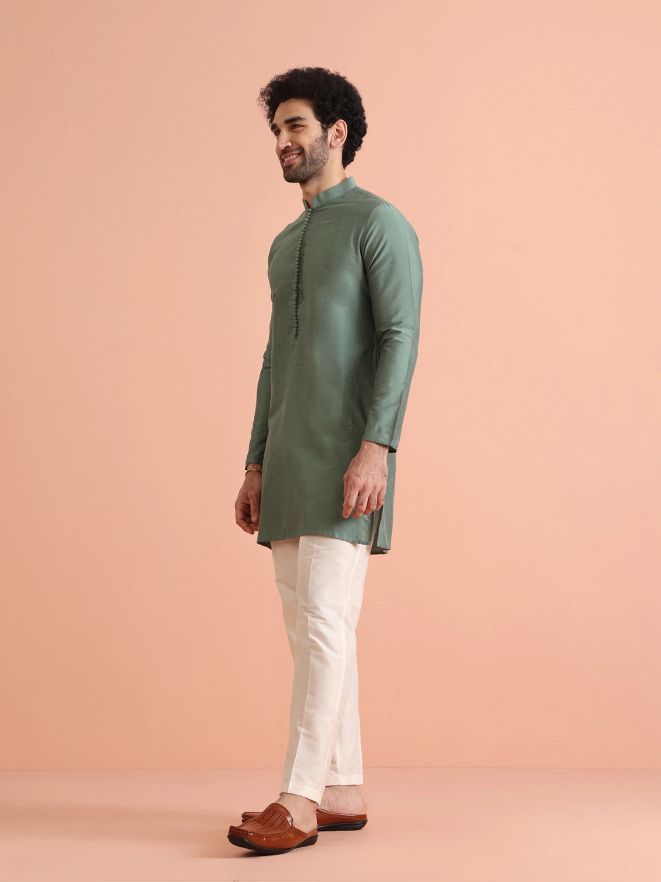 Sage Green Mid Kurta with White Trouser - Image 3