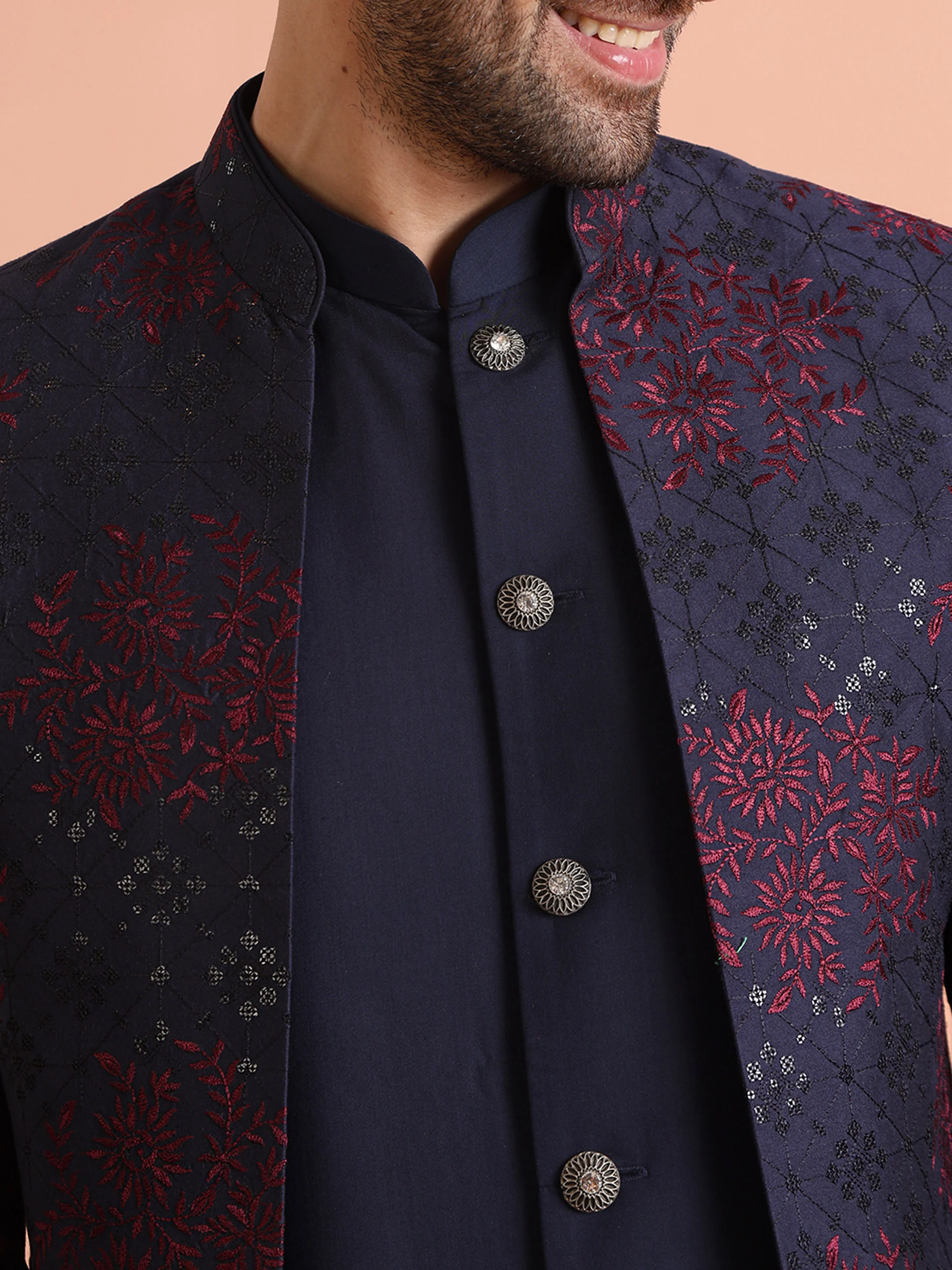 Navy Silk Blend Red Textured Sherwani Trouser Set - Image 7