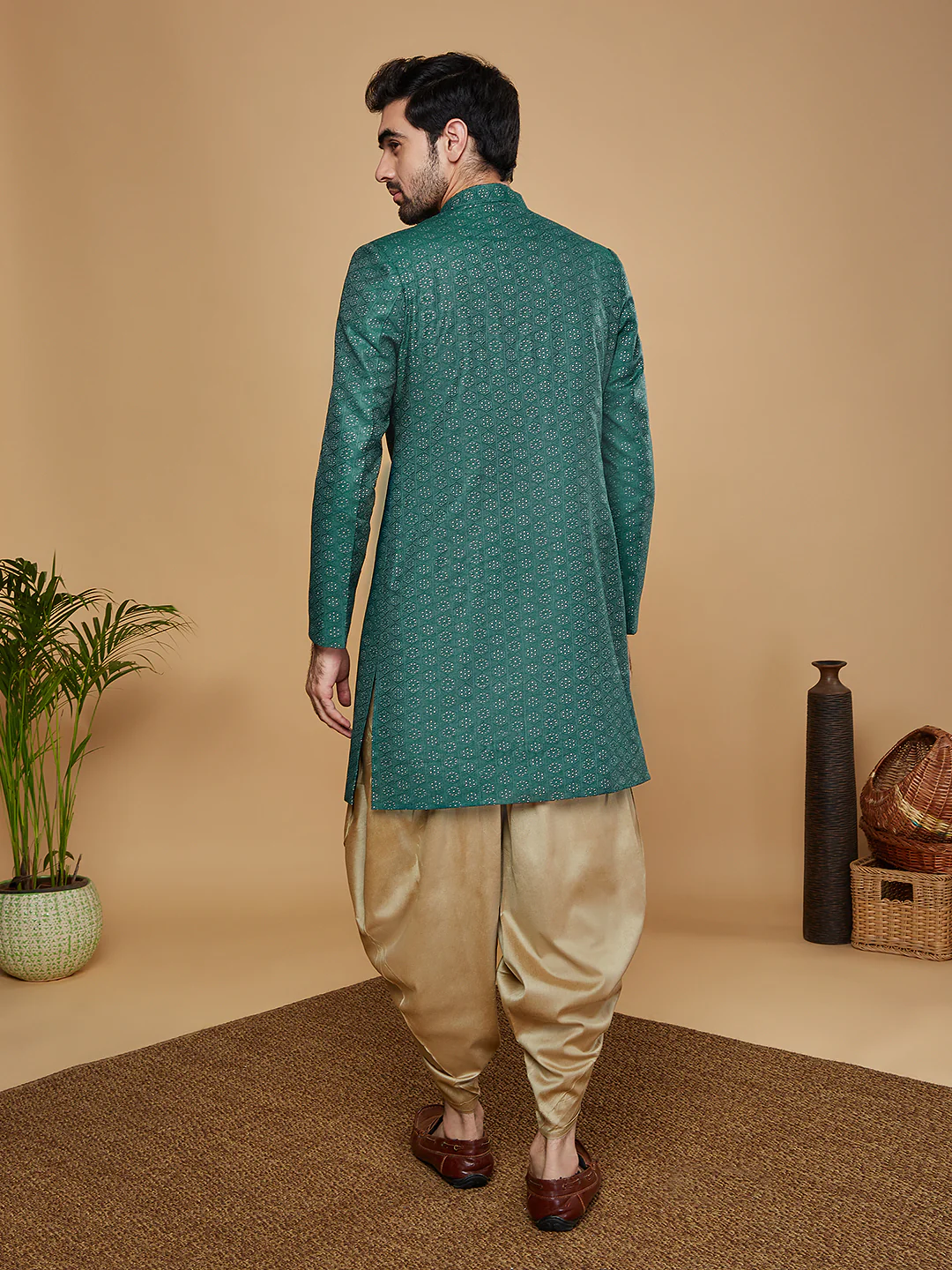 Men Green Sherwani Dhoti Set - Image 4