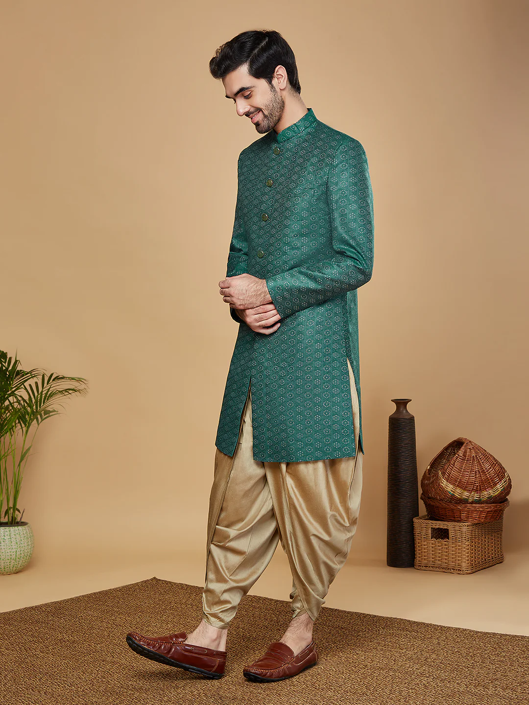 Men Green Sherwani Dhoti Set - Image 7