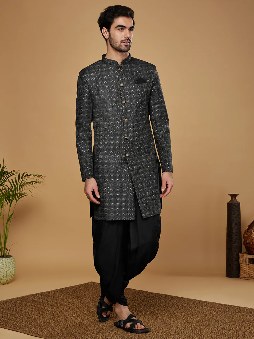 Black Silk Blend Jacquard Indowestern Sherwani with Dhoti - Image 2
