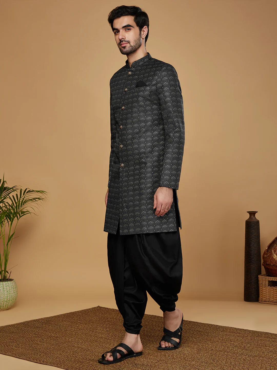 Black Silk Blend Jacquard Indowestern Sherwani with Dhoti - Image 3