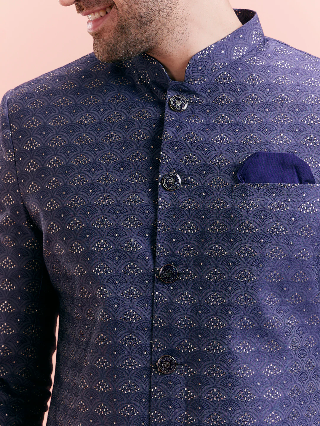Men Navy Blue Sherwani Dhoti Set - Image 2