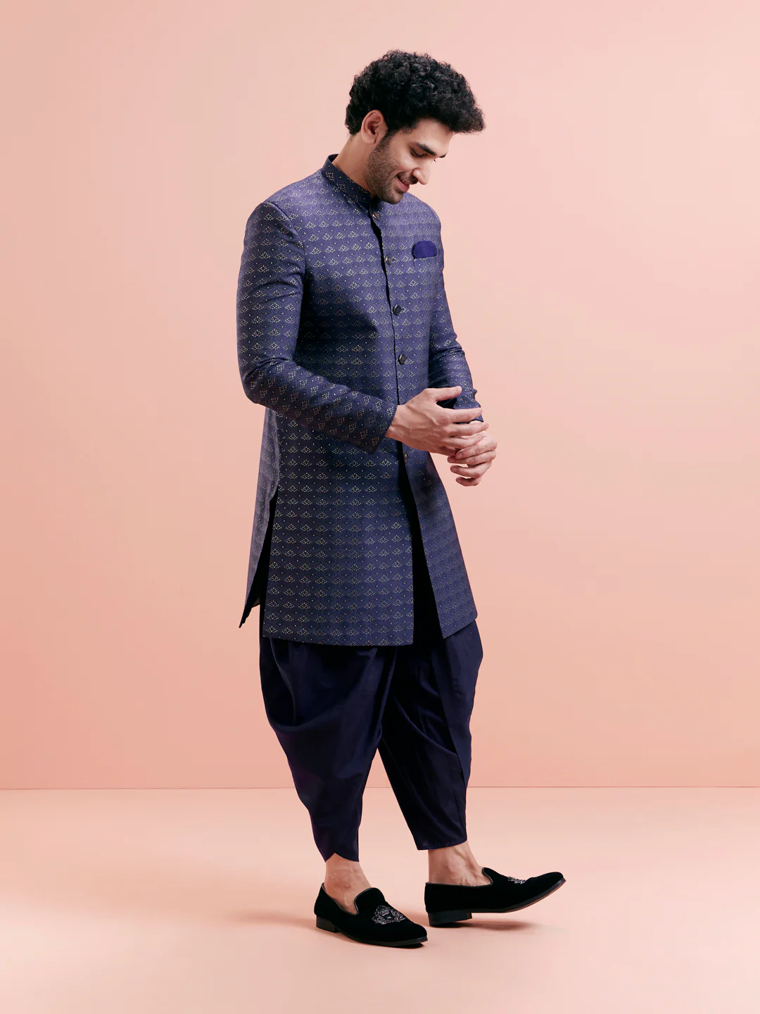 Men Navy Blue Sherwani Dhoti Set - Image 3