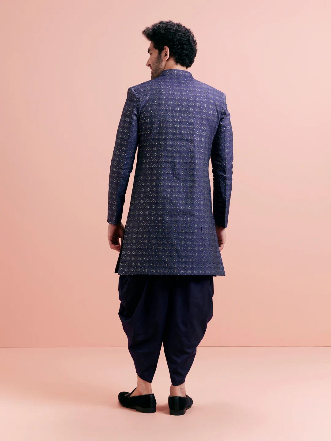 Men Navy Blue Sherwani Dhoti Set - Image 5