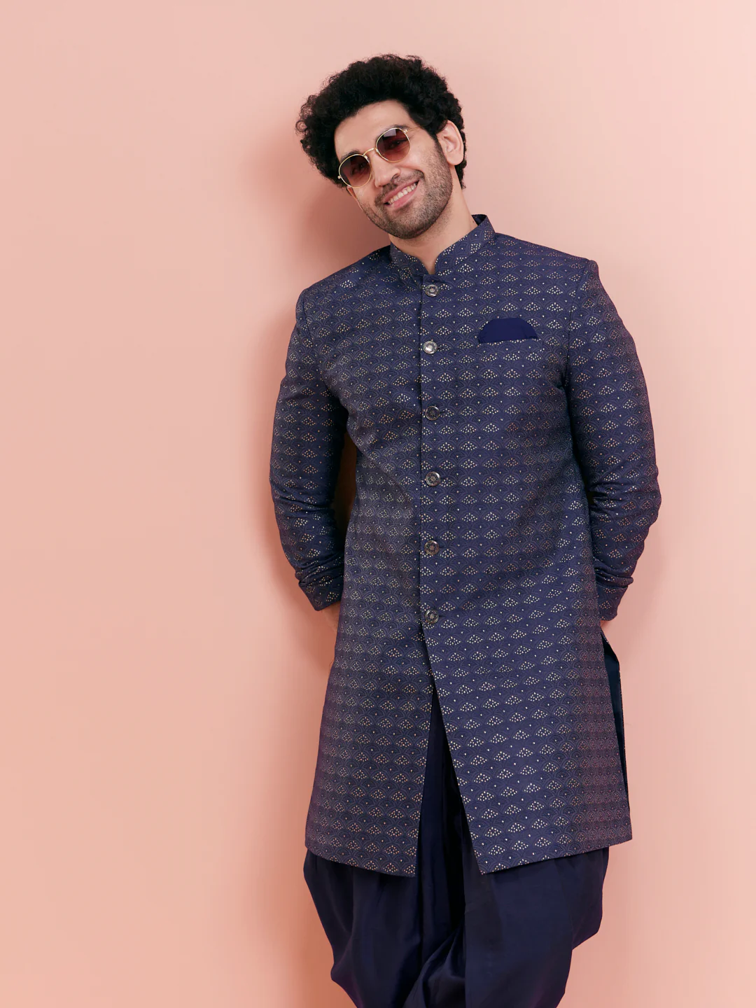 Men Navy Blue Sherwani Dhoti Set - Image 8