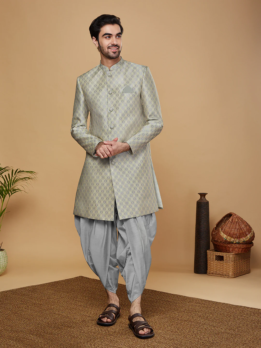 Men Green Sherwani Dhoti Set