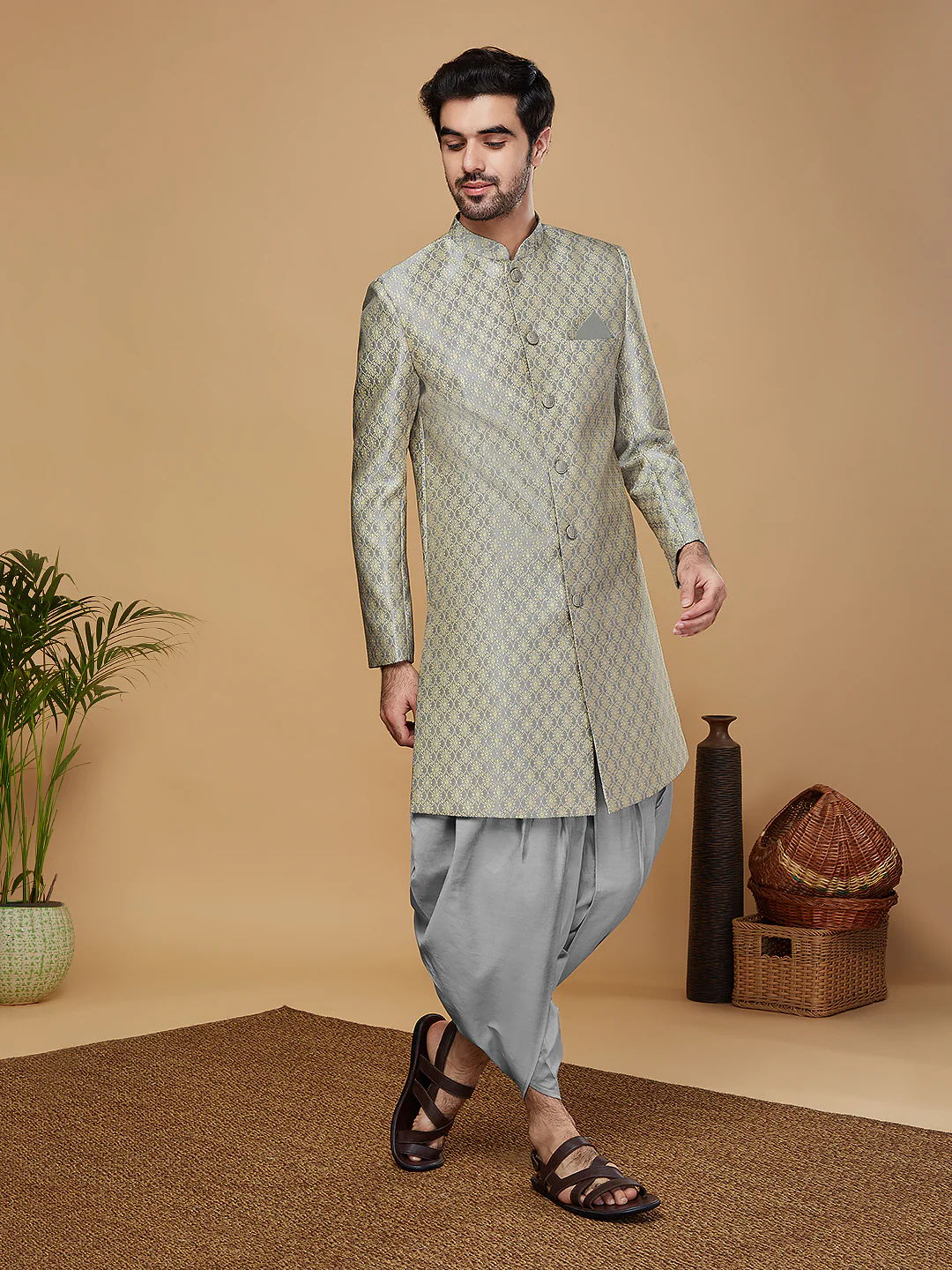 Men Green Sherwani Dhoti Set - Image 2