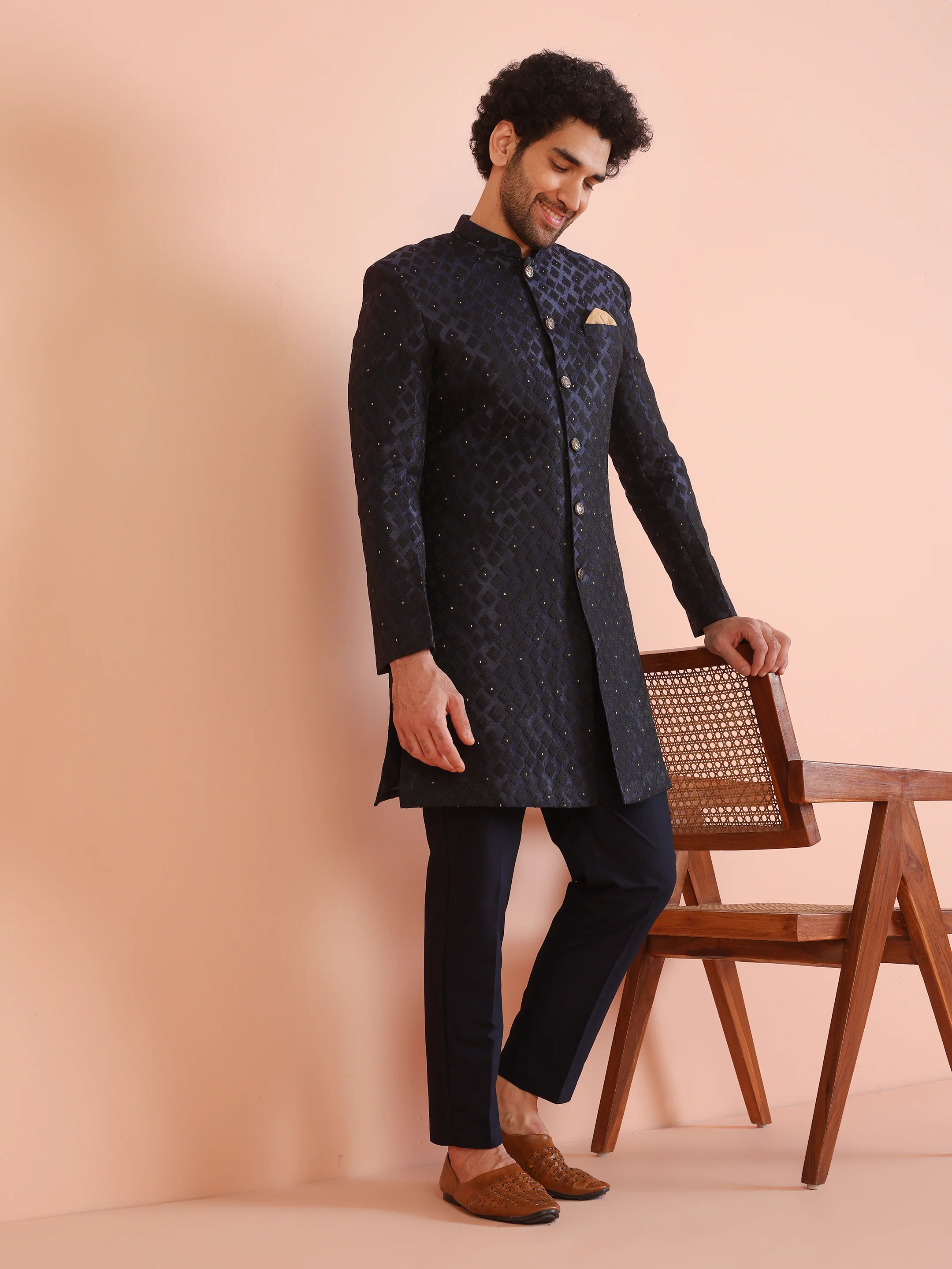 Men Navy Blue Textured Indowestern Trouser Set