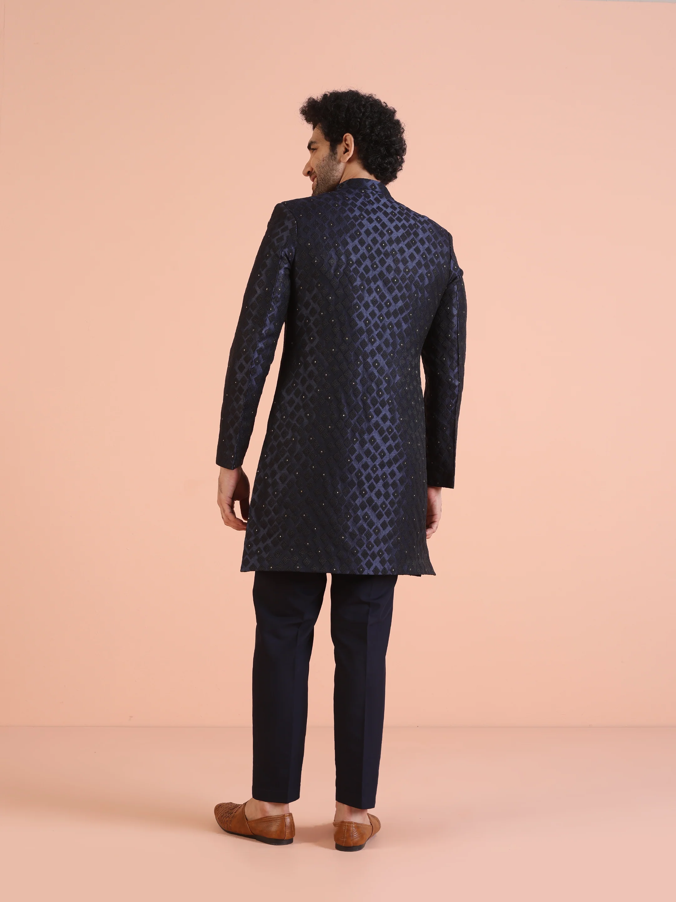 Men Navy Blue Textured Indowestern Trouser Set - Image 4