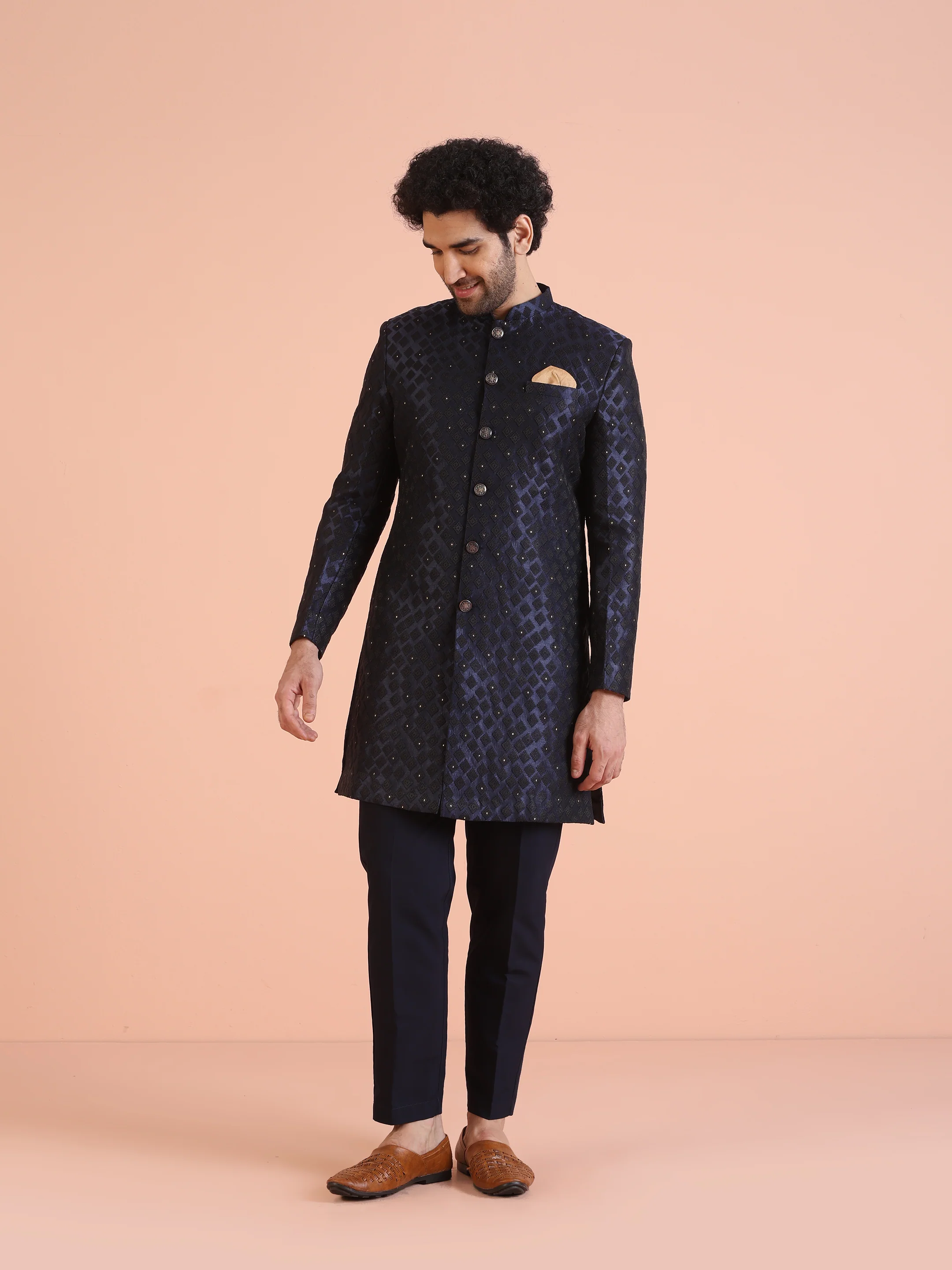 Men Navy Blue Textured Indowestern Trouser Set - Image 7