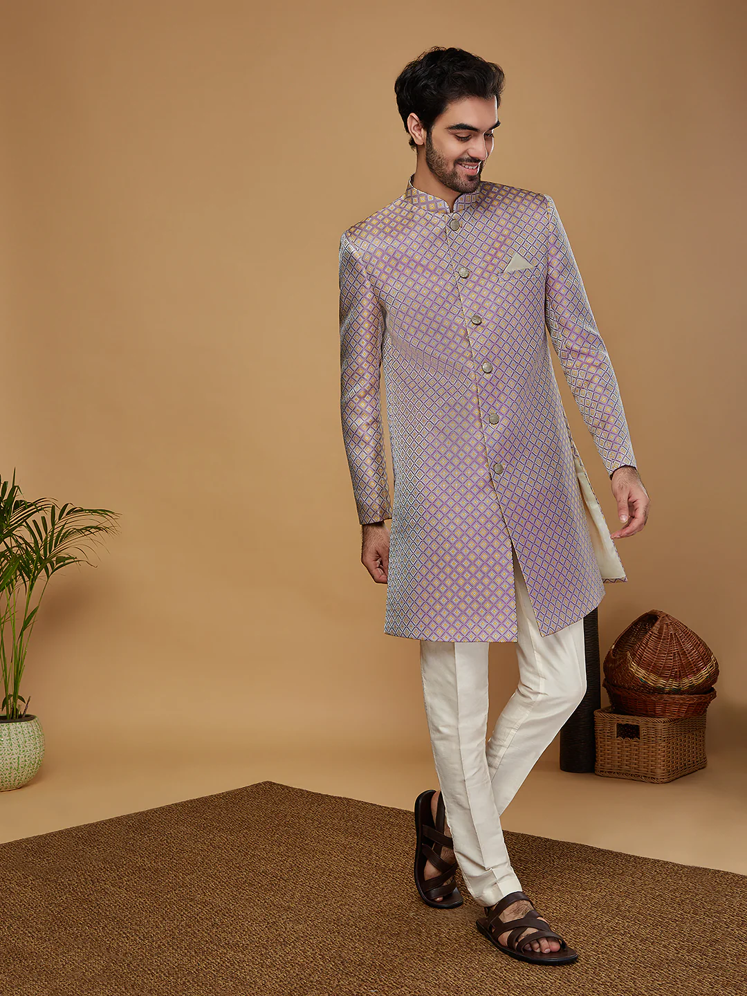 Men Lilac Textured Indowestern Trouser Set - Image 2