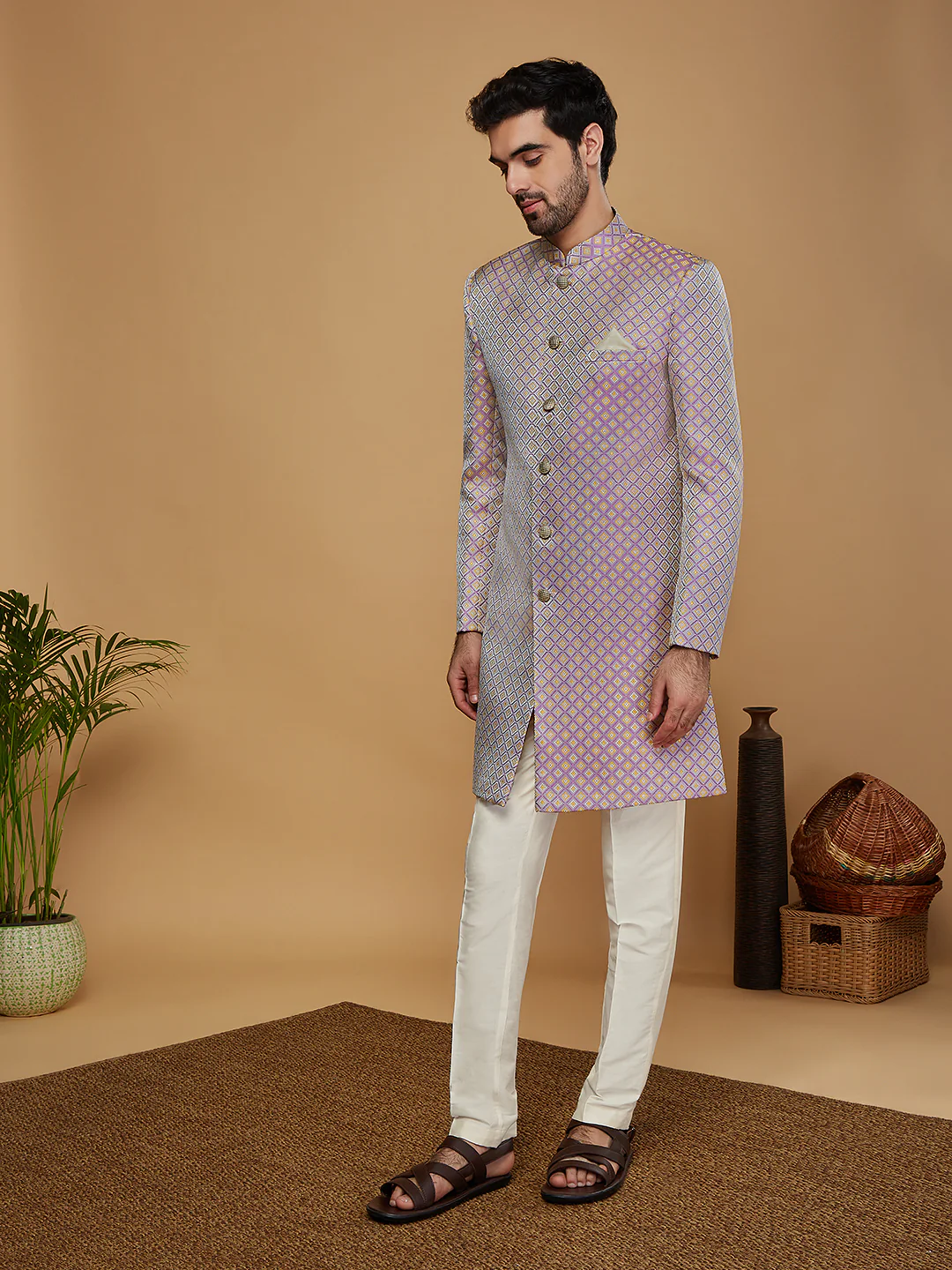 Men Lilac Textured Indowestern Trouser Set - Image 3