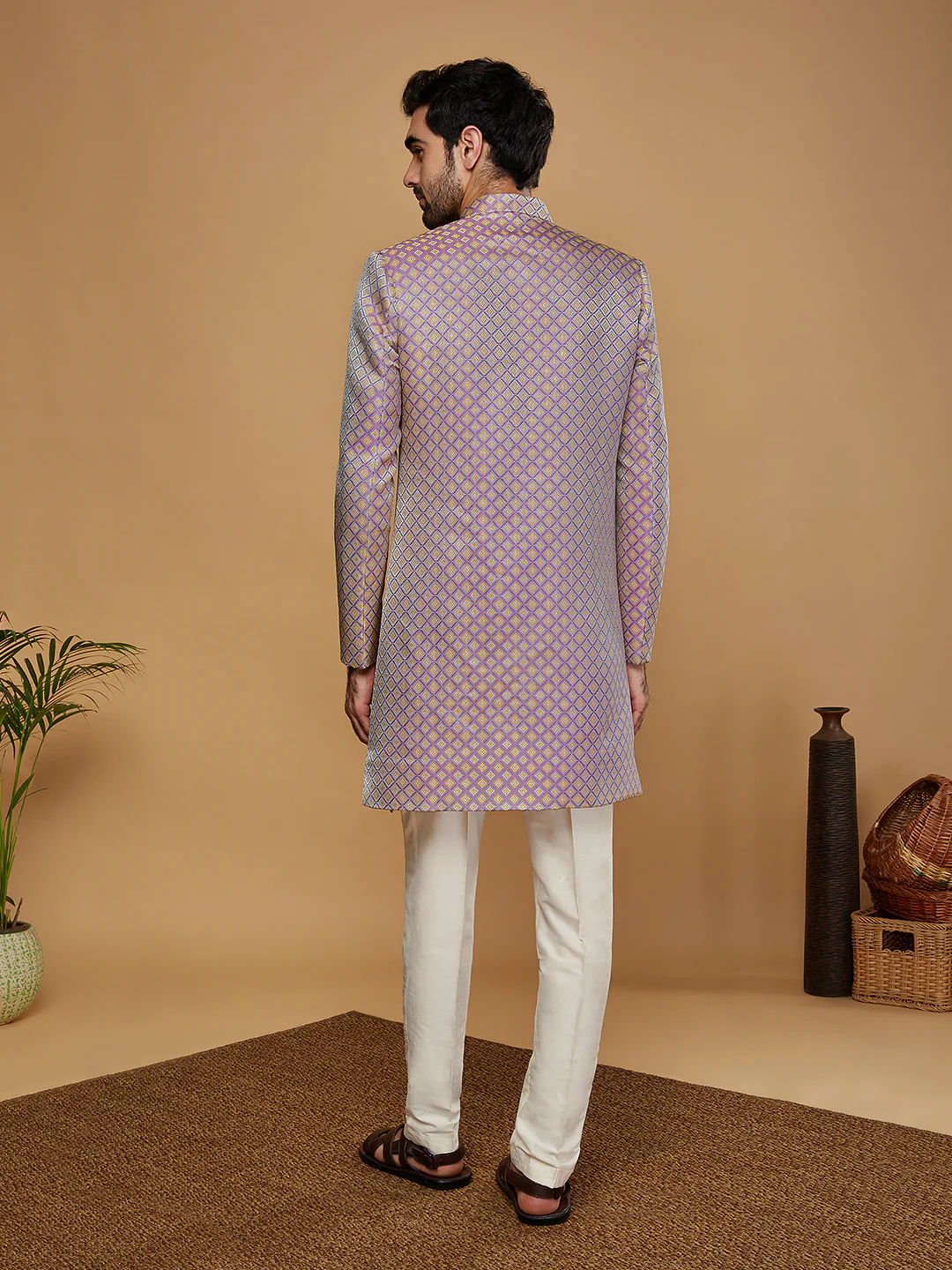Men Lilac Textured Indowestern Trouser Set - Image 4
